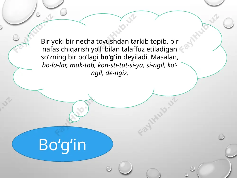 badani terga botdi. lekin toshni yo‘l ustidan chetga chiqarishga muvaffaq bo‘ldi. (“sharq hikoyat va rivoyatlari”dan) munosabat bildiring. 1. har qanday to‘siqni yengsa bo‘ladimi? yoki gap to‘siqning hajmidami? 2. “xohlagan imkoniyat qidiradi, xohlamagan – bahona” degan maqolni sharhlab ko‘ring. 3. to‘siqlarga uchrab qolsangiz, nima qilasiz: yengib o‘tasizmi, aylanib o‘tasizmi? 95-mashq. ushbu hikmatlarni tinglang. mazmuni yuqoridagi matnga mos kelmagan hikmatni ajratib, so‘zlarini bo‘g‘inga bo‘lib chiqing. 1. yaxshilik qil – daryoga tashla: baliq bilar, baliq bilmasa, xoliq bilar. (maqol) 2. har yaxshilik sadaqadir. (hadisdan) 3. sog‘ yuray desang, ozoda yur. (maqol) 4. umidsizlik uyin buzsang, umidingga yetarsan. (maqol) qoida 96-mashq. matndan olingan so‘zlarning qaysilari xato yozilgan? matnga tayanib to‘g‘rilang, barchasini bo‘g‘inga ajratib ko‘chiring. zomonlarda, saroyga, podishoh, karvonboshilar, kuzatip, badavlat, sovdagarlari, ichkarga, solig‘, deqqon, sabzovot, harsang, itora boshladi, shoxdan, a’zoi badani, muvaffaq, amallab. 97-mashq. uyga vazifa. boshqotirmani yeching. 1-so‘zning so‘nggi bo‘g‘ini bilan 2-so‘zning 1-bo‘g‘ini bir xil tovushlardan iborat. e’tiboringiz uchun rahmat! foydalanilgan adabiyot: n. …