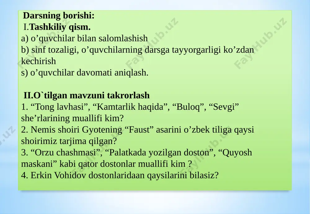 an... urush tugaganiga ko'p bo'lmagan...» o'tkir hoshimov o'rta maktabni bitirgach, 1959-1964-yillar mobaynida toshdu filologiya fakultetining jurnalistika bo'limida tahsil oladi. yozuvchi «toshkent haqiqati», «toshkent oqshomi» ro'znomalarida, g'afur g'ulom nashriyotida ishlagan. 1985-yildan esa «sharq yulduzi» jumalida bosh muharrir bolib ishlagan. u o'z ijodini she'r vaocherklar yozishdan boshlagan. 1991-yilda o'zbekiston xalq yozuvchisi, oybek va hamza nomidagi respublika davlat mukofoti sovrindori bo'lgan. «dunyoning ishlari» qissasida urush davridagi xalqimiz hayotini, iztirobli kechmishini ifodalaydi. bu asarni o'qigan o'quvchilar ko'zi oldida jang lavhalarini, o'zbeklarning jang maydonlaridagi jasoratlarini ko'z oldilariga keltiradilar. tabiiyki, yozuvchi urush dahshatlarini, front hayotini o'z ko'zi bilan ko'rnagan. ammo, uning bolaligi urush yillari davrida kechgan. yozuvchining bolaligidagi ayrim xotiralari bu narsani tasdiqlaydi. yozuvchining «urushning so'nggi qurboni» hikoyasi ham urush davri voqealarini yana davom ettiradi. hikoya hajman kichik bo'lganligi bilan muhim mavzunu ochib bergan. voqea urush sharoitini, moddiy tanglikni tasvirlash bilan boshlanadi. yozuvchi bu manzarani tasvirlashda bayon bermaydi. aksincha, oilaning maishiy buyumlarini, atrof-muhitning manzarasini chizish bilan …