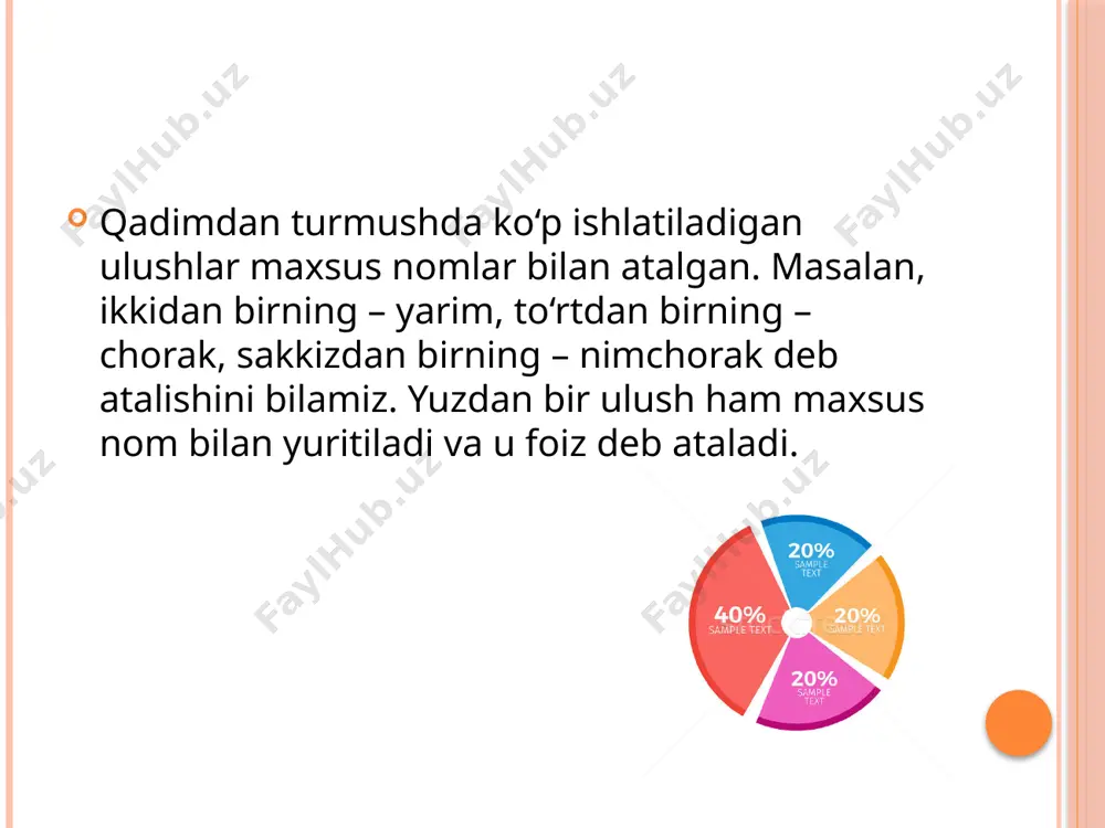 ‘lish kifoya. masalan, a) 0,832 = 0,832 ∙ 100% = 83,2%; b) 1,78 = 1,78 ∙ 100% = 178%; d) 56% = 56 : 100 = 0,56; e) 239% = 239 : 100 = 2,39. ba’zida foizlarni songa aylantirib ish ko‘rishga ham to‘g‘ri keladi. masalan, biror miqdorning 45 foizini topish uchun bu miqdorning 45 100 ___ qismini topish, ya’ni uni 0,45 ga ko‘paytirish kifoya. miqdorning (sonning) p foizini topish uning p 100 ___ qismini topish demakdir. e’tiboringiz uchun rahmat! image2.jpeg image3.jpeg image4.jpeg image5.png image6.jpeg image7.jpeg image8.jpeg