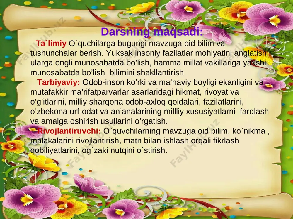 bilan kuzating va tasvirlangan holatlarni izohlang. 2. ayting-chi, siz qaysi holatlarda yordam bera olardingiz? 3. o‘ylab ko‘ring, agar siz biror vaziyatga bee’tibor o‘tib ketib, yordam bermagan bo‘lsangiz, nima sodir bo‘lishi mumkin edi? pedagogik texnalogiya-ma’lumotlarni o’zlashtirish uchun qulay shakl va usulda o’quvchiga yetkaza bilish jarayonidan iborat. pedagogik texnologiyaning eng asosiy negizi o’qituvchi va o’quvchining belgilangan maqsad sari intilish orqali kutilgan natijaga erishishda samarali usulni tanlash hisoblanadi. demak, pedagogik texnologiya o’quvchiga oldindan belgilangan maqsad bo’yicha ta’sir o’tkazish faoliyatidan iborat. o’quvchi o’zlashtirishi lozim bo’lgan bilim, malaka, ko’mikmalari innavatsion asosda amalga oshirishni taqozo etadi. 109-maktab hozirgi kunga kelib ta’lim-tarbiya sohasida rivojlanib borayotgan yonalishlardan biri zamonaviy-pedagogik texnalogiyalarni o’quv jarayonida qo’llash bo’lib, uni amalga oshirish dolzarb vazifalardandir. baxt moddiyat bilan o‘lchanmaydi. baxtni to‘la-to‘kis tortiq qiluvchi muhabbat, ishonch va insoniylik kabi tuyg‘ular ham bor. yordamga muhtoj bo‘lgan inson uchun o‘ziga mutlaqo begonalarning ham yordam berishga tayyorligini his qilish baxtning bir parchasidir. maktab o'quvchisining muammosi nimada? 2-topshiriq. 1. …