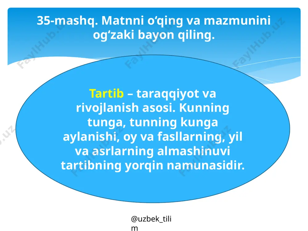 hayoti va ijodi. 5. uvaysiy – chistonnavis. 6. uvaysiy yashagan davrdagi ijodiy muhit. 7. uvaysiy chistonlarining bola tafakkuriga ta’siri. @uzbek_tilim savol va topshiriqlar 1. tartib va reja o‘zaro qanday bog‘liq? 2. inson faoliyatida tartibsizlik qanday oqibatlarni keltirib chiqaradi? 3. insho rejasi bilan insho yozish rejasi farqini tushuntiring. 4. insho rejasida kirish va xulosa qanday farqlanadi? @uzbek_tilim 38-mashq. uyga vazifa «yangi asr avlodlari», «abdulla oripov she’rlari shaydosiman» mavzulariga insho rejasi tuzing. @uzbek_tilim foydalanilgan adabiyot: muhammadjon qodirov, hamid ne’matov, muhabbat abduraimova, ra’no sayfullayeva, baxtiyor mengliyev ona tili. umumiy o‘rta ta’lim maktablarining 8-sinfi uchun darslik. toshkent. cho‘lpon nomidagi nmiu, 2019 image4.jpeg image5.png image6.png