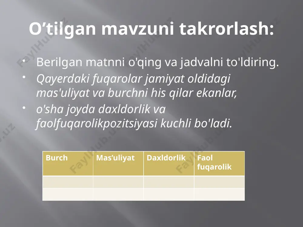 jodiy faoliyat 1. akmal saidov haqida vikipediya saytidan qo'shimcha ma'lumotlar to'plang. talabalikdan akademiklik darajasigacha bosib o'tilgan muvaffaqiyatlar ketma-ketligini chizing. 2. ≪har bir behuda o'tgan vaqtning uvoli bor, uvol bo'lgan umrni ortga qaytarib bo'lmaydi≫ - degan o'gitga siz qanday amal qilasiz? bilasizmi? akmal saidov 2019-yil 17-oktabrda belgrad shahrida (serbiya) bo'lib o'tgan parlamentlararo ittifoqning 141-assambleyasida 2020-2023-yillar oralig'idagi muddatga ushbu tashkilot ijroiya qo'mitasining a'zosi etib saylandi, 2020-yil 30-yanvarda parlamentlararo ittifoq raisi o'rinbosari etib tayinlandi. islom hamkorlik tashkiloti (iht) tashqi ishlar vazirlari kengashining 2017-yil 10-11-iyul kunlari kot-d'ivuarda bo'lib o'tgan 44-sessiyasida ihtning inson huquqlari bo'yicha mustaqil doimiy komissiyasi tarkibiga osiyo qit'asidan o'zbekiston vakili sifatida a'zo bo'lgan. bir yildan so'ng iht komissiyasining raisi etib saylangan. mulohaza uchun siz sevimli mashg'ulotingiz (sport, musiqa, raqs, o'qish, nimadir yasash va boshqalar) orqali 10 foizga bo'lsa ham allaqachon muvaffaqiyatga erishgansiz. buni endi yanada rivojlantirish va hayotda o'z o'rningiz va salohiyatingizni topish orqali orzularingiz sari intilishingiz lozim. agar maqsadingizni aniq belgilab …
