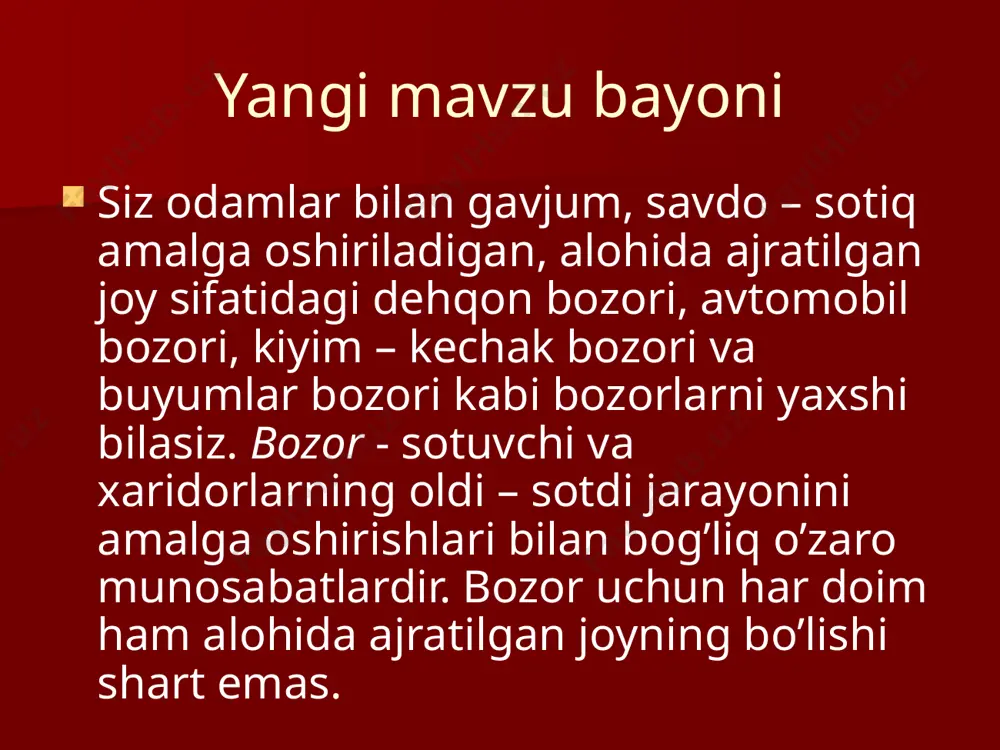 esa kerakli tovarni ma`qul narxda topa biladi, shuning uchun ham ular muhim aloqada bo`lishga intiladi. xo`sh, kim sotuvchi-yu, kim haridor? bozorning har bir ishtirokchisi, u kim bo`lishidan qati nazar (iste`molchi, fuqaro, firma, davlat), bir bozorda sotuvchi bo`lsa. boshqa bozorda haridor vazifasini o`taydi. xaridorda tovarni malum narxda sotib olish ishtiyoqi bor. sotuvchilar esa tovarlarni bozorga chiqarib ularni ma`lum narxda haridorlarga taklif etuvchilardir. xaridorlar va sotuvchilar har doim bir-birlarining hojatini chiqarib, hamkorlik qiladilar, kerakli tovariing narxini kelishib, o`zaro iqtisodiy murosaga keladilar. bu bozordagi murosa deyiladi. uy xo`jaliklari, birinchidan, oddiy iste`molchilardan (masalan,oila yoki yakka odamdan), ikkinchidan, resurs egalaridan iborat. ular haridor sifatida bozordan tovarlar va xizmatlarni olsa, sotuvchi sifatida ish kuchi, er va pul mablag`ini bozorga chiqarib sotadilar. ish kuchi mehnat bozorida, er ko`chmas mulk bozorida, pul esa moliya bozorida (bank orqali) sotiladi (bular birgalikda resurslar bozori deyiladi). uy xo`jaliklari resurs bozoriga tovar chiqarib, u erdan pul oladilar. bu pulni tovarlar bozoriga chiqarib, …