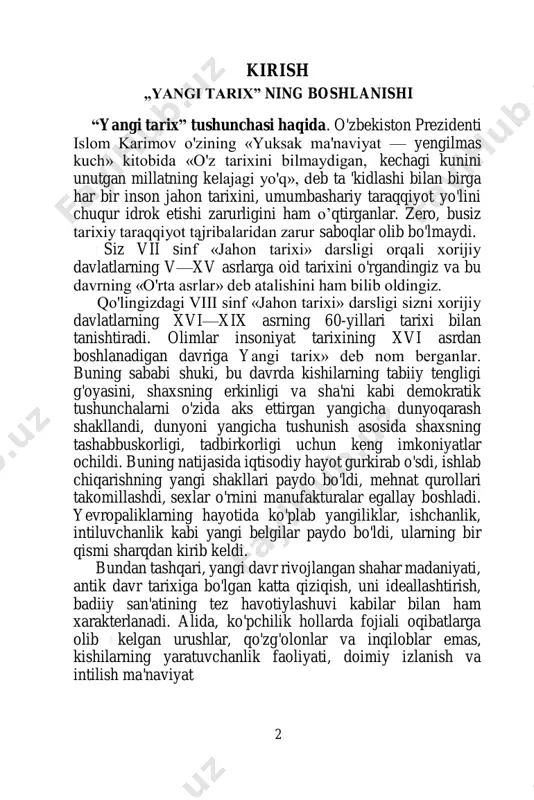 'plab yangiliklar, ishchanlik, intiluvchanlik kabi yangi belgilar paydo bo'ldi, ularning bir qismi sharqdan kirib keldi. bundan tashqari, yangi davr rivojlangan shahar madaniyati, antik davr tarixiga bo'lgan katta qiziqish, uni ideallashtirish, badiiy san'atining tez havotiylashuvi kabilar bilan ham xarakterlanadi. alida, ko'pchilik hollarda fojiali oqibatlarga olib kelgan urushlar, qo'zg'olonlar va inqiloblar emas, kishilarning yaratuvchanlik faoliyati, doimiy izlanish va intilish ma'naviyat 3 va madaniyatda, ijtimoiy hayotda va iqtisodiy o'sishda katta ijobiy o'zgarishlarga olib keldi. xvi asrdan boshlangan bu o'zgarishlar natijasida dastlab g'arbiy yevropa va shimoliy amerikada shakllangan yangi jamiyatni kapitalistik jamiyat deb atay boshladilar. kapitalistik jamiyat – xususiy mulkning asosini sanoat korxonalari tashkil etadigan, shuningdek, rivojlangan bozor iqtisodiyoti va yuqori sanoat ishlab chiqarishiga asoslangan jamiyatdir. bu jamiyatning nomi «kapital» so'zidan olingan. kapital — o'z egasiga daromad keltiruvchi xususiy mulk (fabrika, zavod, kon, bank va boshqalar) va mablag', o'zini-o'zi ko'paytiruvchi sarmoyadir. bu sarmoyaning asosida erkin tadbirkorlik faoliyati yotadi. kapitalistik jamiyat siz vii sinfda bilib …