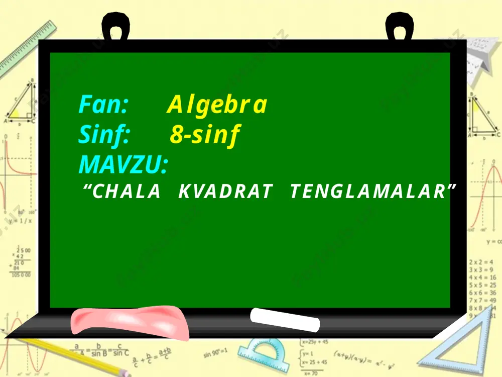 misollar uyga vazifa: audio1.wav image1.jpeg image2.png image3.png image4.png image5.wmf 0 0 3 ) 2 2 = = x x image6.wmf 3 3 81 9 ) 4 2 1 2 - = = = x x x image7.wmf 5 , 0 0 5 ) 2 2 1 2 - = = = + x x x x image8.wmf 3 3 , 3 3 0 27 ) 6 2 1 2 - = = = - x x x image9.wmf 04 , 0 , 0 16 , 0 4 ) 4 2 1 2 = = = x x x x image10.wmf ildizlar x 0 1 9 ) 6 2 = + image11.wmf q yo ' oleobject4.bin oleobject5.bin oleobject6.bin oleobject7.bin oleobject1.bin oleobject2.bin oleobject3.bin image12.png image13.jpeg image14.gif image15.png image16.jpeg image17.jpeg image18.wmf 0 , 0 = = c b image19.wmf 0 , 0 = ¹ c b image20.wmf 0 , 0 ¹ = c …