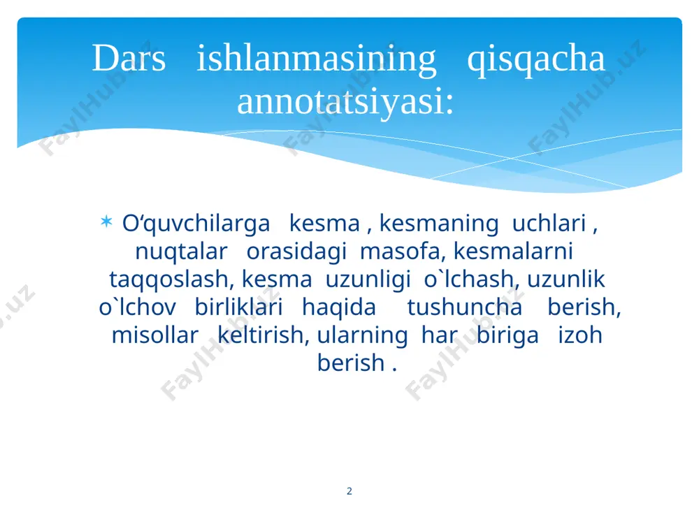 - rasm). uni ba kesma deb ham belgilash mumkin. a va v nuqtalar av kesmaning uchlari deb ataladi. istalgan ikki nuqtani faqat bitta kesma bilan tutashtirish mumkin. 11 guruhlar: 1. qaldirg`och 2. humo har bir kesma tayin uzunlikka ega. kesmaning uzunligini olchash uchun oldin olchov birlig, ya’ni u taqqoslanadigan birlik kesmani tanlashimiz zarur. o e a v 4- rasm aytalik, olchov birligi sifatida oe kesma olingan bo'lsin (4- rasm). uning uzunligini 1 sm da teng deb olamiz. unda ab kesma uzunligi 4 sm da teng bo'ladi. chunki, ab kesmada oe birlik kesma 4 marta joylashadi. bu ab = 4 sm kabi yoziladi. dunyoning ko'pgina mamlakatlarida, jumladan mamlakatimizda ham asosiy uzunlik o'lchov birligi sifatida metr qabul qilingan. shuningdek, metrdan tashqari yana miilimetr, santimetr, detsimetr, kilometr kabi o'lchov birliklaridan ham foydalaniladi. uzunlik o‘lchov birliklari orasida quyidagi munosabatlar bor: 1sm = 10mm, 1dm = 10sm, 1dm = 100 mm, 1m = 10dm, 1m …