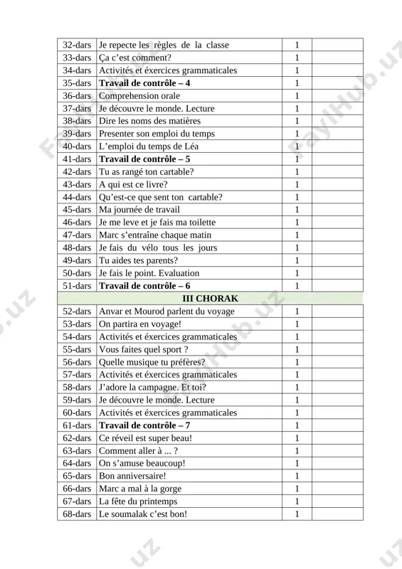 4-dars activités et éxercices grammaticales 1 55-dars vous faites quel sport ? 1 56-dars quelle musique tu préfères? 1 57-dars activités et éxercices grammaticales 1 58-dars j’adore la campagne. et toi? 1 59-dars je découvre le monde. lecture 1 60-dars activités et éxercices grammaticales 1 61-dars travail de contrôle – 7 1 62-dars ce réveil est super beau! 1 63-dars comment aller à ... ? 1 64-dars on s’amuse beaucoup! 1 65-dars bon anniversaire! 1 66-dars marc a mal à la gorge 1 67-dars la fête du printemps 1 68-dars le soumalak c’est bon! 1 69-dars je découvre le monde. lecture 1 70-dars comprehension orale 1 71-dars travail de contrôle – 8 1 72-dars qu’est ce que le nac? 1 73-dars à la ferme 1 74-dars mon chien a quatre pattes 2 75-dars bienvenue au zoo de tachkent 1 76-dars après la visite au zoo 1 77-dars le cochon d’inde …