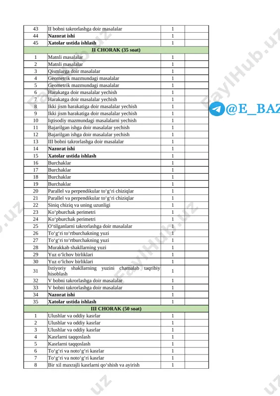 lgan ishga doir masalalar yechish 1 12 bajarilgan ishga doir masalalar yechish 1 13 iii bobni takrorlashga doir masalalar 1 14 nazorat ishi 1 15 xatolar ustida ishlash 1 16 burchaklar 1 17 burchaklar 1 18 burchaklar 1 19 burchaklar 1 20 parallel va perpendikular to‘g‘ri chiziqlar 1 21 parallel va perpendikular to‘g‘ri chiziqlar 1 22 siniq chiziq va uning uzunligi 1 23 ko‘pburchak perimetri 1 24 ko‘pburchak perimetri 1 25 o‘tilganlarni takrorlashga doir masalalar 1 26 to‘g‘ri to‘rtburchakning yuzi 1 27 to‘g‘ri to‘rtburchakning yuzi 1 28 murakkab shakllarning yuzi 1 29 yuz o‘lchov birliklari 1 30 yuz o‘lchov birliklari 1 31 ixtiyoriy shakllarning yuzini chamalab taqribiy hisoblash 1 32 v bobni takrorlashga doir masalalar 1 33 v bobni takrorlashga doir masalalar 1 34 nazorat ishi 1 35 xatolar ustida ishlash 1 iii chorak (50 soat) 1 ulushlar va oddiy kasrlar 1 2 ulushlar va oddiy kasrlar 1 3 ulushlar …