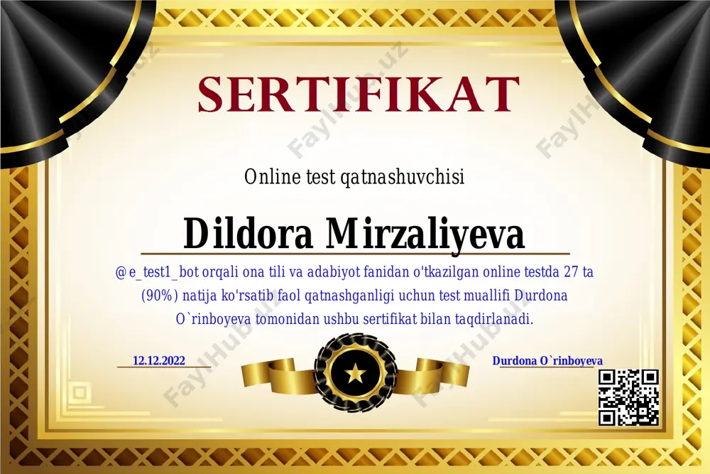 ona o`rinboyeva online test qatnashuvchisi farina mashrabjonova @e_test1_bot orqali ona tili va adabiyot fanidan o'tkazilgan online testda 23 ta (76.7%) natija ko'rsatib faol qatnashganligi uchun test muallifi durdona o`rinboyeva tomonidan ushbu sertifikat bilan taqdirlanadi. 12.12.2022 durdona o`rinboyeva online test qatnashuvchisi bonu2469 @e_test1_bot orqali ona tili va adabiyot fanidan o'tkazilgan online testda 22 ta (73.3%) natija ko'rsatib faol qatnashganligi uchun test muallifi durdona o`rinboyeva tomonidan ushbu sertifikat bilan taqdirlanadi. 12.12.2022 durdona o`rinboyeva online test qatnashuvchisi fattullayeva muxfiya @e_test1_bot orqali ona tili va adabiyot fanidan o'tkazilgan online testda 21 ta (70%) natija ko'rsatib faol qatnashganligi uchun test muallifi durdona o`rinboyeva tomonidan ushbu sertifikat bilan taqdirlanadi. 12.12.2022 durdona o`rinboyeva online test qatnashuvchisi avezova yulduz @e_test1_bot orqali ona tili va adabiyot fanidan o'tkazilgan online testda 19 ta (63.3%) natija ko'rsatib faol qatnashganligi uchun test muallifi durdona o`rinboyeva tomonidan ushbu sertifikat bilan taqdirlanadi. 12.12.2022 durdona o`rinboyeva online test qatnashuvchisi mamarajabova nafisa @e_test1_bot orqali ona tili …