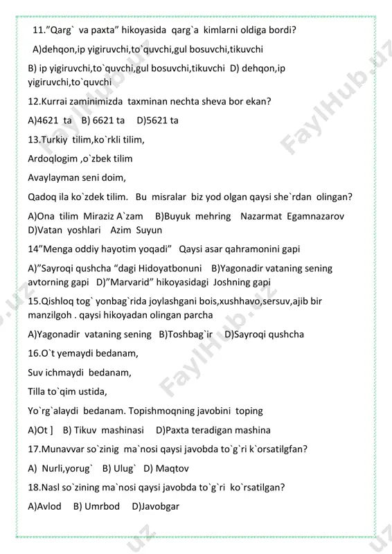 yagonadir vataning sening b)toshbag`ir d)sayroqi qushcha 16.o`t yemaydi bedanam, suv ichmaydi bedanam, tilla to`qim ustida, yo`rg`alaydi bedanam. topishmoqning javobini toping a)ot ] b) tikuv mashinasi d)paxta teradigan mashina 17.munavvar so`zinig ma`nosi qaysi javobda to`g`ri k`orsatilgfan? a) nurli,yorug` b) ulug` d) maqtov 18.nasl so`zining ma`nosi qaysi javobda to`g`ri ko`rsatilgan? a)avlod b) umrbod d)javobgar 19.maqolni davom ettiring . ariqni suv bezar, odamni…….. a)mehnat b)gap d)so`z 20………tarkibida a va e vitaminlari ko`z va teri faoliyatiga,b vitamin asab tizimiga ijobiy ta `sr ko`rsatadi. gap nima haqida ketyapti? a) qavoq b)olma d)qovun s 1 2 3 4 5 6 7 8 9 10 11 12 13 14 15 16 17 18 19 20 j a d b a a a b d b b a d a d b b a a d a
