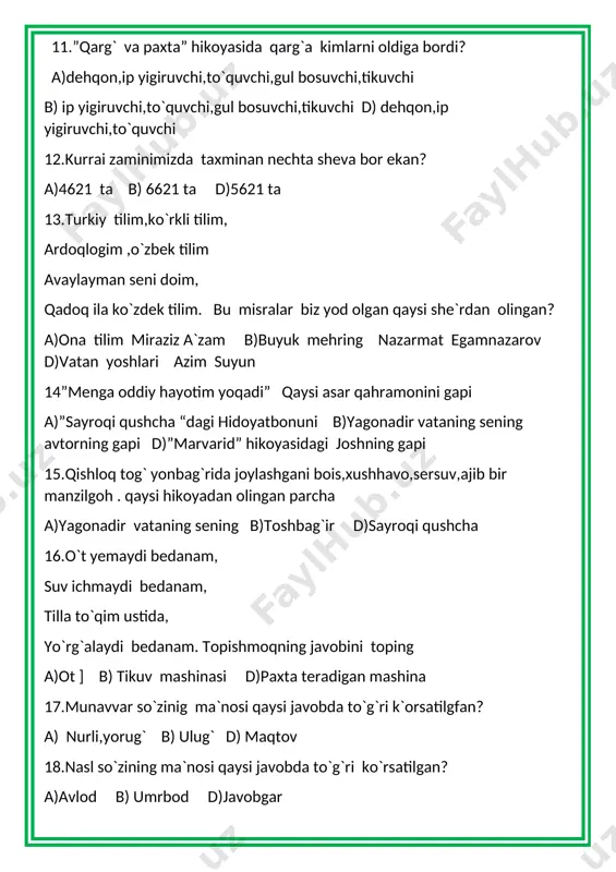 yagonadir vataning sening b)toshbag`ir d)sayroqi qushcha 16.o`t yemaydi bedanam, suv ichmaydi bedanam, tilla to`qim ustida, yo`rg`alaydi bedanam. topishmoqning javobini toping a)ot ] b) tikuv mashinasi d)paxta teradigan mashina 17.munavvar so`zinig ma`nosi qaysi javobda to`g`ri k`orsatilgfan? a) nurli,yorug` b) ulug` d) maqtov 18.nasl so`zining ma`nosi qaysi javobda to`g`ri ko`rsatilgan? a)avlod b) umrbod d)javobgar 19.maqolni davom ettiring . ariqni suv bezar, odamni…….. a)mehnat b)gap d)so`z 20………tarkibida a va e vitaminlari ko`z va teri faoliyatiga,b vitamin asab tizimiga ijobiy ta `sr ko`rsatadi. gap nima haqida ketyapti? a) qavoq b)olma d)qovun s 1 2 3 4 5 6 7 8 9 10 11 12 13 14 15 16 17 18 19 20 j a d b a a a b d b b a d a d b b a a d [bookmark: _goback]a