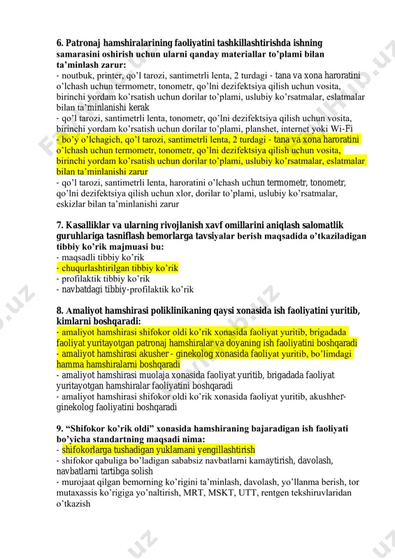 marasini oshirish uchun ularni qanday materiallar to’plami bilan ta’minlash zarur: - noutbuk, printer, qo’l tarozi, santimetrli lenta, 2 turdagi - tana va xona haroratini o’lchash uchun termometr, tonometr, qo’lni dezifektsiya qilish uchun vosita, birinchi yordam ko’rsatish uchun dorilar to’plami, uslubiy ko’rsatmalar, eslatmalar bilan ta’minlanishi kerak - qo’l tarozi, santimetrli lenta, tonometr, qo’lni dezifektsiya qilish uchun vosita, birinchi yordam ko’rsatish uchun dorilar to’plami, planshet, internet yoki wi-fi - bo’y o’lchagich, qo’l tarozi, santimetrli lenta, 2 turdagi - tana va xona haroratini o’lchash uchun termometr, tonometr, qo’lni dezifektsiya qilish uchun vosita, birinchi yordam ko’rsatish uchun dorilar to’plami, uslubiy ko’rsatmalar, eslatmalar bilan ta’minlanishi zarur - qo’l tarozi, santimetrli lenta, haroratini o’lchash uchun termometr, tonometr, qo’lni dezifektsiya qilish uchun xlor, dorilar to’plami, uslubiy ko’rsatmalar, eskizlar bilan ta’minlanishi zarur 7. kasalliklar va ularning rivojlanish xavf omillarini aniqlash salomatlik guruhlariga tasniflash bemorlarga tavsiyalar berish maqsadida o’tkaziladigan tibbiy ko’rik majmuasi bu: - maqsadli tibbiy ko’rik - chuqurlashtirilgan …