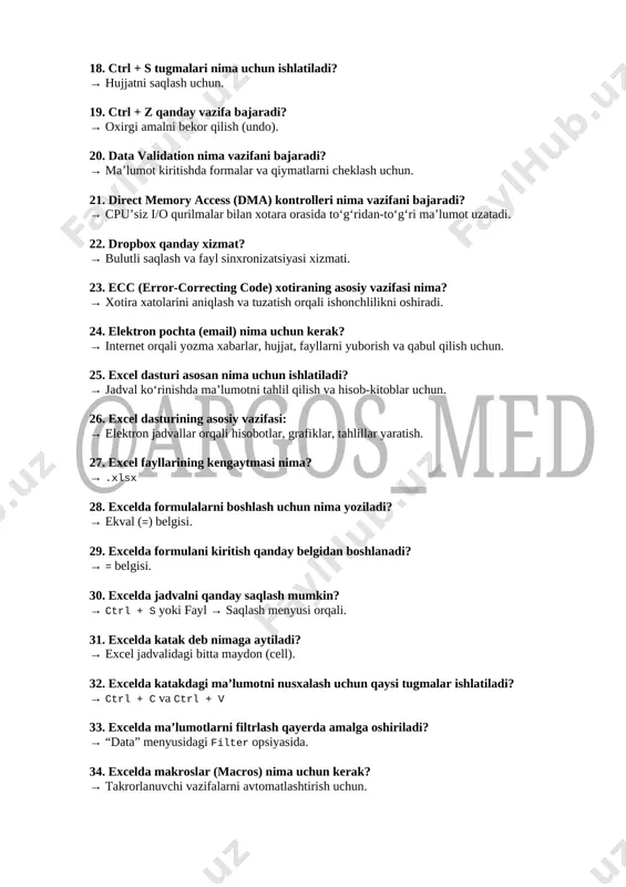 vazifa bajaradi? → oxirgi amalni bekor qilish (undo). 20. data validation nima vazifani bajaradi? → ma’lumot kiritishda formalar va qiymatlarni cheklash uchun. 21. direct memory access (dma) kontrolleri nima vazifani bajaradi? → cpu’siz i/o qurilmalar bilan xotara orasida to‘g‘ridan-to‘g‘ri ma’lumot uzatadi. 22. dropbox qanday xizmat? → bulutli saqlash va fayl sinxronizatsiyasi xizmati. 23. ecc (error‑correcting code) xotiraning asosiy vazifasi nima? → xotira xatolarini aniqlash va tuzatish orqali ishonchlilikni oshiradi. 24. elektron pochta (email) nima uchun kerak? → internet orqali yozma xabarlar, hujjat, fayllarni yuborish va qabul qilish uchun. 25. excel dasturi asosan nima uchun ishlatiladi? → jadval ko‘rinishda ma’lumotni tahlil qilish va hisob-kitoblar uchun. 26. excel dasturining asosiy vazifasi: → elektron jadvallar orqali hisobotlar, grafiklar, tahlillar yaratish. 27. excel fayllarining kengaytmasi nima? → .xlsx 28. excelda formulalarni boshlash uchun nima yoziladi? → ekval (=) belgisi. 29. excelda formulani kiritish qanday belgidan boshlanadi? → = belgisi. 30. excelda jadvalni qanday saqlash …