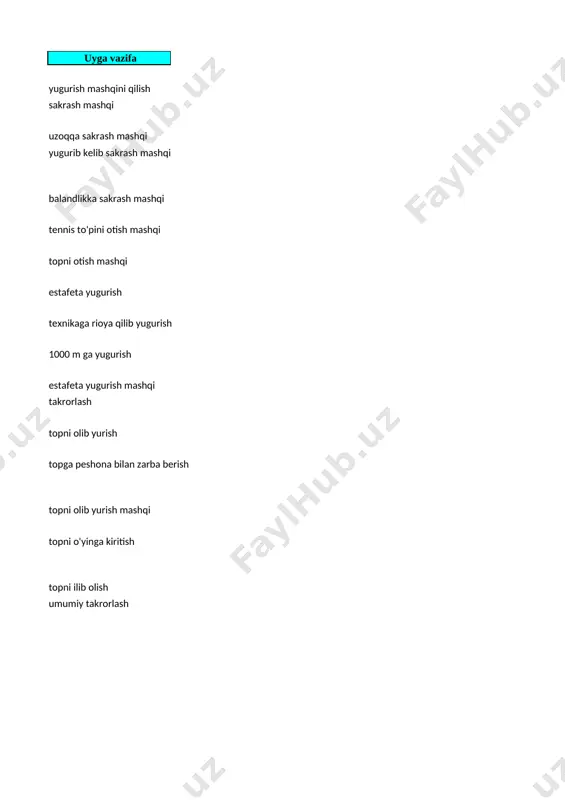 inga kiritish 17 futbol. darvozabon o‘yini - dumalayotgan to‘pni ilib olish. to‘g‘ri uchayotgan to‘pni ilib olish. sakrashda yuqoridan to‘pni ilib olish. sakrashda to‘pni musht bilan urish. yiqilishda to‘pni ilib olish. topni ilib olish 18 2-nazorat ishi. futbol. umumiy takrorlash 11-adabiyot adabiyot 11-sinf (haftasiga 2 soat) jami 68 soat