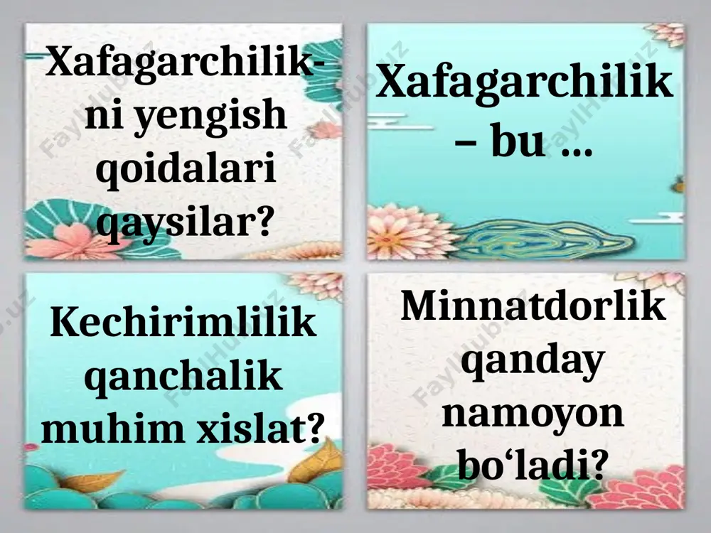 imani anglatadi? sadoqatli va sadoqatsiz do‘st qanday bo‘ladi? rostgo’ylik nima? halollik nima? eng birinchi yolg’on axborot qachon va qayerda e’lon qilingan? oila va oilaviy qadriyatlar nima? oilaviy mutolaa nima? oilaviy kitob o‘qish uchun nimalarga alohida ahamiyat berish zarur? eng katta kitob qaysi? ekslibris nima? tabiat va inson o‘rtasidagi munosabatlar ekologik muammolar-ning sabablari ekologik xavfsizlik nima? nima uchun to‘g‘ri ovqatlanish kerak? image1.jpeg image2.jpeg image3.jpeg image4.jpeg image5.jpeg image6.jpeg image7.jpeg image8.jpeg image9.jpeg image10.jpeg image11.jpeg image12.jpeg
