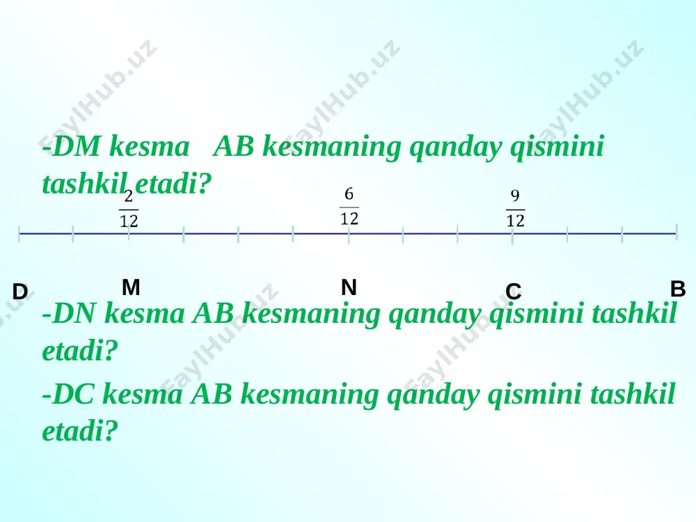 masala №7. otxonada bir nechta otlar bor.ulardan qismi qorabayir otlar. qorabayir otlar 20 ta bo'lsa, otxonada qancha ot bor? 20:2·5=50 (ot) javob : 50 ta. ii tur masala №8. quvurdan 6 metr kesilgan, u – butun quvur uzunligining qismini tashkil etadi. quvur uzunligini toping. 6:3·4=8 (m) javob: 8 metr. ii tip masala №9. velosipedchilar 3 kunga yugurishdi. birinchi kuni ular butun yo'lni qismini bosib o'tishdi, ikkinchi kuni - butun yo'lning qismini , va uchinchi kuni qolgan 100 km bosib o’tdi . velosipedchilar 3 kun ichida qanday yo'lni bosib o'tishdi? sxema 100 km s masala №10. 15 g.v. dorofeev, l.g. peterson, 5 klass (chast 2). №594 (1) qayiq birinchi kuni 150 km yo'l bosib o'tdi. u barcha masofaning qismi . agar o'rtacha tezligi soatiga 60 km bo'lsa va to'xtash joyida 2 soat vaqt sarflagan bo'lsa, qayiq qancha yo'l yurdi? sxema(2) 150 km 16 g.v. dorofeev, l.g. peterson, 5 klass (chast 2). …
