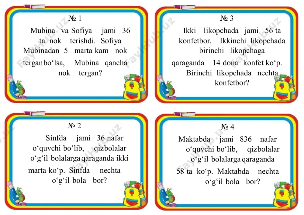rkdagi jirafaning bo‘yi 5 m 35 cm, filniki esa 4 m 50 cm. jirafa fildan necha santimetr novcharoq? № 16 poyezd birinchi soatda 78 km 850 m, ikkinchi soatda esa 87 km 500 m masofani bosib o‘tdi. poyezd ikki soatda qancha masofani bosib o‘tgan? № 17 to‘g‘ri to‘rtburchakning bo‘yi 13 dm 80 mm, eni bo‘yidan 5 dm 60 mm qisqa. to‘g‘ri to‘rtburchak perimetrini toping № 18 1 km uzunlikdagi yo‘lga uch kunda asfalt yotqizildi. birinchi kun yo‘lning 345 metriga, ikkinchi kuni esa 298 metriga asfalt yotqizildi. uchinchi kuni yo‘lning necha metriga asfalt yotqizilgan? № 19 uchburchakning perimetri 93 cm 7 mm, tomonlari 31 cm 8 mm va 23 cm 4 mm. uchburchakning uchinchi tomonini toping № 20 sayyoh birinchi kuni 8 km 375 m, ikkinchi kuni esa birinchi kunga qaraganda 2 km 855 m kam masofani piyoda bosib o‘tdi. sayyoh ikki kun davomida qancha yo‘l yurgan? № 21 botir velosipedda …