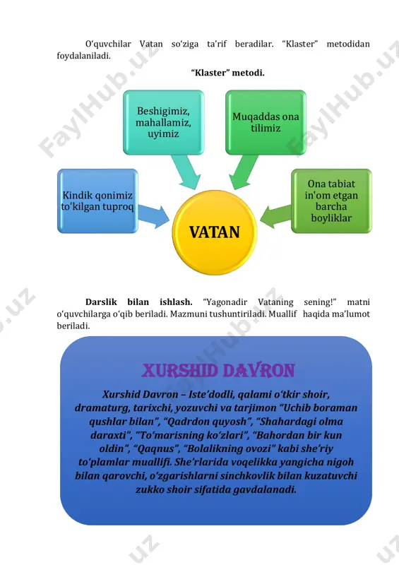 ladi. dam olish daqiqasi o‘tkaziladi. iii. yangi mavzuni mustahkamlash. “kim hozirjavob” o‘yini. savollarga javob beriladi. 1. “vatan” so‘ziga ta’rif bering. 2. “istiqlol” so‘zi o‘zida nimalarni mujassam qiladi? 3. qadrlash deganda nimani tushunasiz? 4. jahon davlatlari o‘rtasidagi aloqa deganda nimani tushunasiz? 5. amerikada nima uchun daraxtlar qurib qoldi? 6. o‘zbekiston respublikasi istiqlolga erishganini qaysi davlatlar tan olgan? “maqollar zanjiri” o‘yini. - bulbul chamanni sevar, odam vatanni. - vatan gadosi – kafan gadosi. - vataning tinch – sen tinch. - o‘z uyim – o‘lan to‘shagim. - vatan taqdiri har bir kishining taqdiridir. - vatanparvarlik – bobolardan qolgan meros. - ona yurt – oltin beshik. - o‘z diyorini gullatganning baxti gullaydi. - har bir nihol o‘ziga xos tuproqda ildiz otadi. - vatan uchun qurbon bo‘lganlarning xoki muqaddasdir. - o‘z uyim – o‘lan to‘shagim. maqollarning mazmuni tushuntiriladi. mashq daftar bilan ishlash. 1-topshiriq. siz vatan deganda nimani tushunasiz? vatan so‘ziga ta’rif bering. o‘quvchilar o‘z fikrlarini …