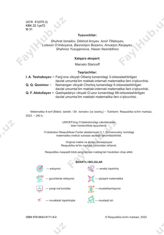 ..................................................20 kasrlarni umumiy maxrajga keltirish................................22 har xil maxrajli kasrlarni taqqoslash................................25 har xil maxrajli kasrlarni qoʻshish....................................27 har xil maxrajli kasrlarni ayirish.......................................30 aralash sonlarni qoʻshish va ayirish................................33 ii bob. kasrlarni koʻpaytirish va boʻlish 37 kasrlarni koʻpaytirish.......................................................38 aralash sonlarni koʻpaytirish............................................42 sonning qismini topish....................................................45 qulay usullarda hisoblash...............................................48 oʻzaro teskari sonlar.......................................................51 kasrlarni boʻlish...............................................................53 aralash sonlarni boʻlish...................................................56 qismiga koʻra sonni topish..............................................59 kasrlar ustida amallarga doir topshiriqlar........................61 iii bob. oʻnli kasrlarni koʻpaytirish va boʻlish 66 oʻnli kasrni natural songa koʻpaytirish.............................67 oʻnli kasrni 10 ga, 100 ga, 1000 ga koʻpaytirish..............70 oʻnli kasrlarni koʻpaytirish................................................72 oʻnli kasrni natural songa boʻlish.....................................75 oʻnli kasrni 10 ga, 100 ga, 1000 ga boʻlish.....................77 oʻnli kasrlarni boʻlish.......................................................79 kasrni oʻnli kasrga keltirish..............................................83 davriy kasrlar...................................................................85 oʻnli kasrlarni yaxlitlash...................................................87 oʻnli kasrlar ustida amallarga doir topshiriqlar................89 loyiha ishi......................................