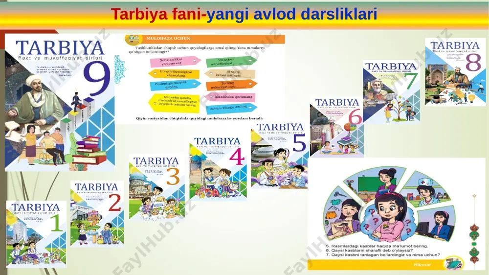 muvaffaqiyat 8 6 1 1 4 pul, biznes va boylik 8 5 2 1 jami 34 24 8 2 9-sinf o‘quvchilar o‘quv faoliyati natijalariga qo‘yiladigan talablar: to‘g‘ri qaror qabul qiladi; liderlik qobiliyatini namoyon qiladi; faoliyatini mustaqil loyihalashtiradi; faol fuqarolik pozitsiyasiga ega bo‘ladi; jamoada ishlay oladi; jamiyatda o‘rnatilgan xulq-atvor normalariga, huquq va burchlariga rioya qiladi. o‘quv dasturi tahlili milliy istiqlol g‘oyasi va ma’naviyat asoslari jami soat: 34 soat, 4 ta bob mavzular soni: 18 ta 30 soatga mo‘ljallangan nazorat ishi – 4 ta loyiha darslari yo‘q. tarbiya jami soat: 34 soat, 4 bob mavzular soni: 24 ta va 8 ta amaliy mashg‘ulot nazorat ishi yo‘q, berilgan loyiha darslari nazorat ishi kabi baholanadi va loyiha darslari barcha o‘quvchilarning faolligini ta’minlaydi. m o s l a sh t i r i l g a n m a v z u l a r milliy istiqlol g‘oyasi va ma’naviyat asoslari darslikdagi mazmuman olingan mavzular: …