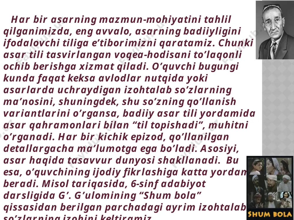 i: mujmal, muhmal bir necha yillardan beri sariboy bo’lisda xizmat qilayotgan ko’pni ko’rgan keksa kishilar boy hech kimning bog’ini ko’kartirmasliklarini yaxshi bilardi. yosh bolaning bu yerda qolib ketishi uvol, shunday bo’lsa-da, to o’zini o’nglab olgunga qadar shunchaki kun o’tib turishi uchun o’n-o’n besh kun ishlashini “dudmal” maslahat beradi. ….. tong azonda avrodchi so‘filarning…. avrod – duolar, bomdod, tong namozidan so’ng o’qiladigan duo, oyat; asarda tongda namozdan so’ng ovoz chiqarib oyatlar o’qiydigan so’filarga nisbatan avrodchi so’filar deyilgan. o’tovning eshigini qoqib «xudoyi qo‘noq» dedim. o’tov – markaziy osiyo, shuningdek, janubiy sibir ko’chmanchilarida: yengil material, kigiz kabilardan konussimon shaklda yasalgan ko’chma uy, turarjoy qo`noq - biror joyga, biror kimsaning uyiga qo’ngan, tushgan yo’lovchi, sayyoh, mehmon. bundan tashqari, qo’noq soz’ining variantlari: 1. kun botgach, tovuqlar qo’noqqa chiqdi. 2. qo’ng’irboshlar oilasiga mansub, doni tariqdan ko’ra maydaroq, boshoqli bir yillik o’simlik. asarda ham o’tov qirda qurilgan mavsumiy ko’chma uy sifatida berilgan, «xudoyi qo‘noq» - “mehmon atoyi …