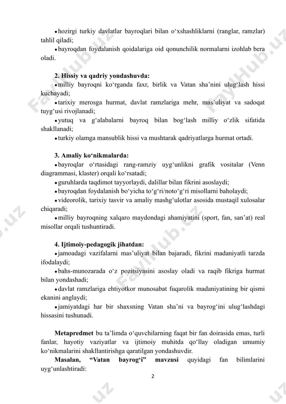 ramzlariga mehr, mas’uliyat va sadoqat tuyg‘usi rivojlanadi; ●​yutuq va g‘alabalarni bayroq bilan bog‘lash milliy o‘zlik sifatida shakllanadi; ●​turkiy olamga mansublik hissi va mushtarak qadriyatlarga hurmat ortadi. 3. amaliy ko‘nikmalarda: ●​bayroqlar o‘rtasidagi rang-ramziy uyg‘unlikni grafik vositalar (venn diagrammasi, klaster) orqali ko‘rsatadi; ●​guruhlarda taqdimot tayyorlaydi, dalillar bilan fikrini asoslaydi; ●​bayroqdan foydalanish bo‘yicha to‘g‘ri/noto‘g‘ri misollarni baholaydi; ●​videorolik, tarixiy tasvir va amaliy mashg‘ulotlar asosida mustaqil xulosalar chiqaradi; ●​milliy bayroqning xalqaro maydondagi ahamiyatini (sport, fan, san’at) real misollar orqali tushuntiradi. 4. ijtimoiy-pedagogik jihatdan: ●​jamoadagi vazifalarni mas’uliyat bilan bajaradi, fikrini madaniyatli tarzda ifodalaydi; ●​bahs-munozarada o‘z pozitsiyasini asoslay oladi va raqib fikriga hurmat bilan yondashadi; ●​davlat ramzlariga ehtiyotkor munosabat fuqarolik madaniyatining bir qismi ekanini anglaydi; ●​jamiyatdagi har bir shaxsning vatan sha’ni va bayrog‘ini ulug‘lashdagi hissasini tushunadi. metapredmet bu taʼlimda o‘quvchilarning faqat bir fan doirasida emas, turli fanlar, hayotiy vaziyatlar va ijtimoiy muhitda qo‘llay oladigan umumiy ko‘nikmalarini shakllantirishga qaratilgan yondashuvdir. masalan, “vatan bayrog‘i” mavzusi quyidagi fan bilimlarini uyg‘unlashtiradi: …