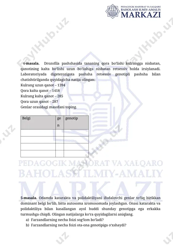 dagilarni aniqlang. a) [bookmark: _hlk194522928][bookmark: _hlk194522341]farzandlarning necha foizi sog‘lom bo‘ladi? b) farzandlarning necha foizi ota-ona genotipiga o‘xshaydi? c) farzandlarning necha foizi gomozigotali va 2ta belgisi bo‘yicha kasal bo‘ladi? [bookmark: _hlk194441777]belgi gen genotip image1.png image2.png