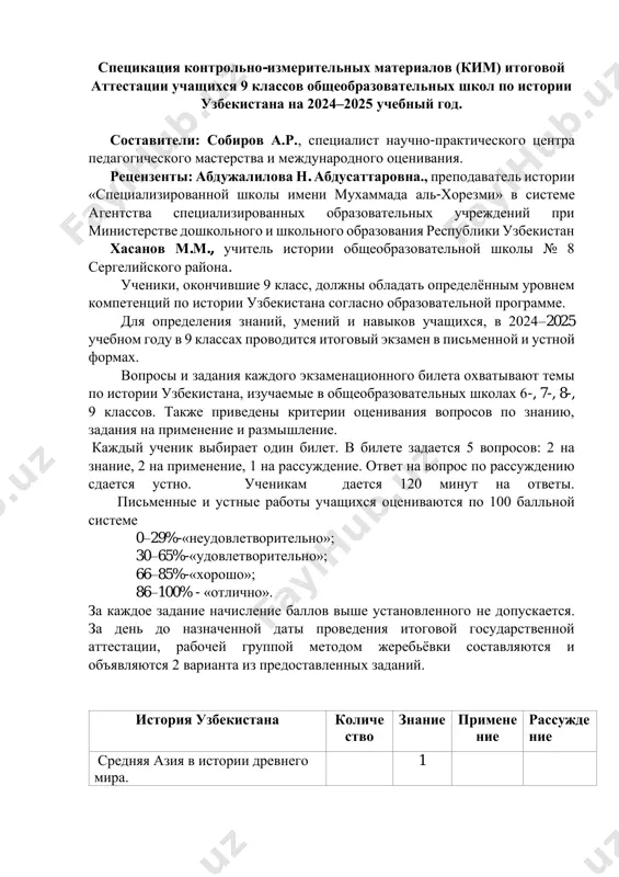edostavlennix zadaniy. istoriya uzbekistana koliche stvo znanie primene nie rassujde nie srednyaya aziya v istorii drevnego mira. 1 istoriya srednix vekov v iv –xv vv. 1 «period tryox xanstv» – s xvi - do seredini xix vv. 1 ii polovina xix veka do nachala xx veka. 1 1 vsego 5 2 2 1 kriterii otsenivaniya № razdel vid zadaniya forma zadaniya kriterii otseninivaniya srednyaya aziya v istorii drevnego mira. 1. drevniy vostok i srednyaya aziya. srednyaya aziya v vii v. do n.e. – iii v. n.e. z zadanie s kratkim otvetom o: _________ dayotsya pismenniy otvet. za pravilniy otvet nachislyaetsya- 18 ballov; za nepravilniy — 0 ballov. istoriya srednix vekov v iv-xv vv. 2. maverannaxr v period arabskogo xalifata. formirovanie nezavisimix gosudarstv v maverannaxre. nauchnoe nasledie nashix predkov — duxovnoe bogatstvo, otnosyasheesya k literature. istoriya epoxi amir temura. z zadanie s kratkim otvetom o: _________ dayotsya pismenniy otvet. za pravilniy …