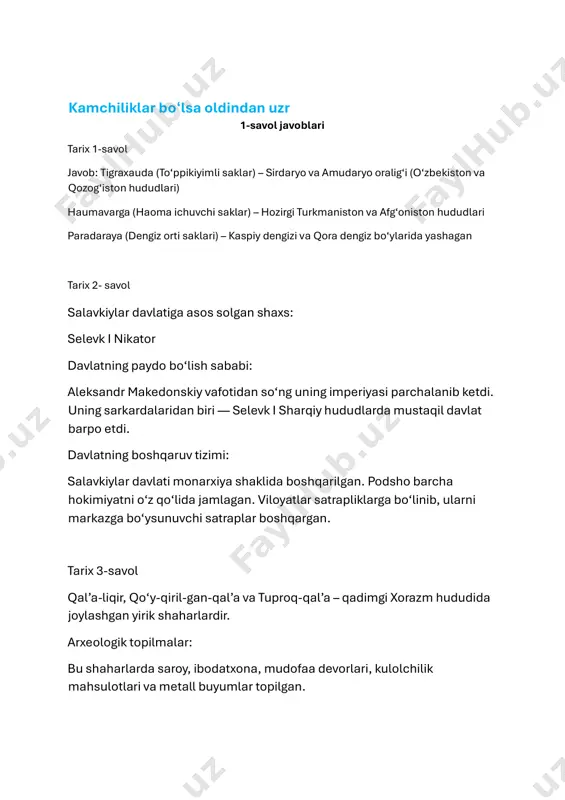 arorlikni ta’minladi. demetriy i hindistonga yurish qilgan, hind-yunon davlatining asoschisi hisoblanadi. davlat hududlarini kengaytirgan. menandr i eng mashhur yunon-baqtriya hukmdorlaridan biri. buddizmni qo‘llab-quvvatlagan va madaniy aloqalarni rivojlantirgan. hind yozma manbalarida ham tilga olingan. tarix 5-savol makedoniyalik aleksandr o‘rta osiyoda bir necha shaharlar bunyod etgan. ular orasida: aleksandriya eskhata (eng chekka aleksandriya) – hozirgi tojikistonning xo‘jand shahri yaqinida. maroqand (samarqand yaqinida joylashgan bo‘lgan) zariasp va boshqa strategik shaharchalar mavjud bo‘lgan. aleksandriya eskhata shahrining barpo etilish sababi: bu shahar aleksandr tomonidan o‘rta osiyoda bosib olingan hududlarni mustahkamlash, harbiy bazani tashkil etish va grek-makedon madaniyatini yoyish maqsadida qurilgan. ❗️barcha imtihon javoblarini bizning botimiz orqali bepul yuklab oling: https://t.me/imtihon_javoblari_9_11_sinfbot https://t.me/imtihon_javoblari_9_11_sinfbot tarix 6-savol saklar – mil. avv. vii–vi asrlarda asosan sirdaryo va amudaryo oralig‘ida, hozirgi qoraqalpog‘iston va qozog‘iston janubiy hududlarida yashagan. massagetlar – amudaryoning quyi oqimi va xorazm atroflarida istiqomat qilgan. xorazmliklar – amudaryoning quyi oqimida, hozirgi xorazm viloyati hududida yashagan. tarix 7-savol davan davlati …