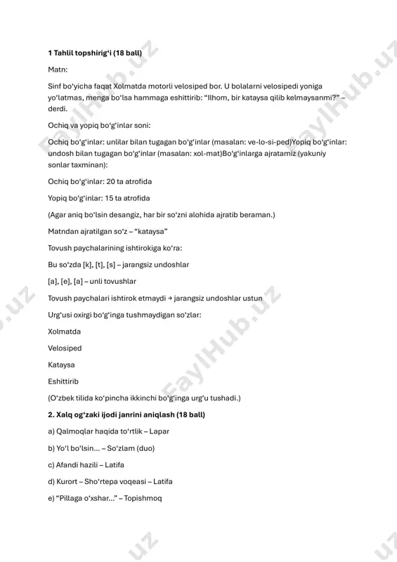 urkumi) 4 tahlil topshirig‘i (18 ball) matn: uni tortqilab sudray boshlashdi, u esa tinmay ingrar, yolvorar, piqillab yig‘lardi... qaznoq – izohi: juda tor, qorong‘i, ko‘pincha havosi yomon bo‘lgan joy (yerosti yo‘lagi, tunnel). ajratilgan so‘zlar – sudray, ingrar, piqillab gaplar (o‘z va ko‘chma ma’noda): o‘z – u og‘ir yukni sudray-sudray uyga olib keldi. ko‘chma – hayot meni quvvat bilan emas, muammolar bilan sudradi. o‘z – bola ingray boshladi. ko‘chma – yuragi og‘rigan odam ich-ichidan ingrar edi. o‘z – chaqaloq piqillab yig‘lardi. ko‘chma – kuzgi shamolda yaproqlar piqillab tushardi. ma’no ko‘chish turi – metafora (ko‘chma ma’no orqali o‘xshashlik asosida) metonimiya ham bo‘lishi mumkin, ammo bu yerda asosan metafora ishlatilgan. a) ochiq bo‘g‘inlar (unli bilan tugagan): bo, da, an, vo, i, gu, la, i, ha, to, ga, ta, ra, mo – 14 ta yopiq bo‘g‘inlar (undosh bilan tugagan): g‘dag, ll, rif – 3 ta b) jarangli va sirg‘aluvchi undoshdan iborat yopiq bo‘g‘inlar: rif …