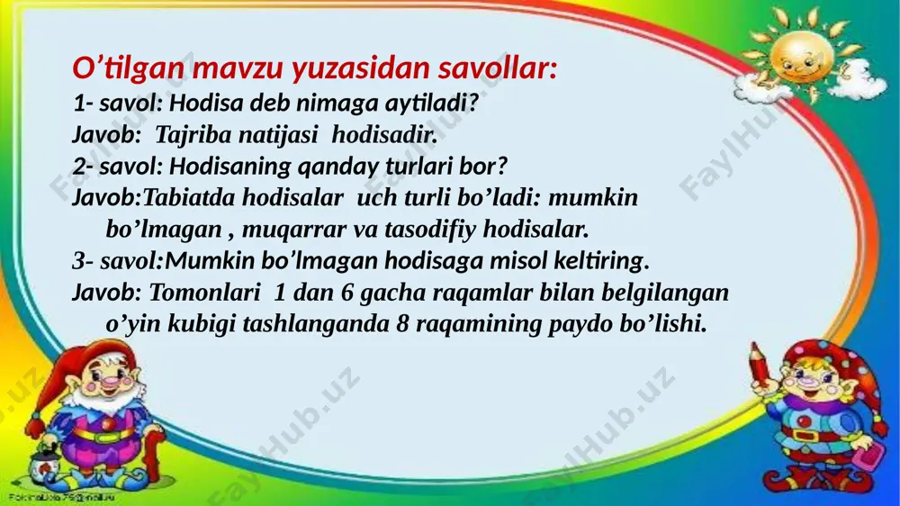i mumkin bo’lmagan hodisa lar. 7- savol: teng imkoniyatli hodisalarga misollar keltiring. javob: tangani bir marta tashlanganda “raqamli tomonining tushishi” va “gerbli tomonning tushishi” hodisaning ehtimolligi hayotda turli hodisalar bilan to'qnashganda, ko‘p hollarda bu hodisalar ro'y berishining ishonchlilik darajasiga baho beramiz. bunda ba’zi hodisalar haqida „bunday bo'lishi mumkin emas" deb aytsak, boshqa bir hodisalar haqida „bu albatta ro‘y beradi" yoki „bu hodisa ro'y berishiga ishonch katta" yoki ,,bu hodisa ro'y berishiga ishonch kam" deb aytamiz. hodisalar ro'y berishining ishonchlilik darajasini baholash ehtimollik tushunchasi bilan bog'liq. xvii asr fransuz olimlari blez paskal (1623-1662 ) va pyer ferma (1601-1665) orasida bir qator matematik masalalar bo'yicha yozishgan xatlarida birinchi bor ehtimollik bilan bog'liq masalalarni yechishning ilk bor umumiy yondashuvlari shakllan- di. blez paskal 1654-yil 28-oktabrda pyer fermaga yozgan xatida,jumladan,quyidagicha mulohazalarni yuritadi: 4 „o'yinchi kubikni tashlaganda qanday son tushishini bilmaydi. lekin u 1,2,3,4,5 va 6 sonlari teng imkoniyatli ravishda tushishini biladi. bundan tashqari, o'yinchi …