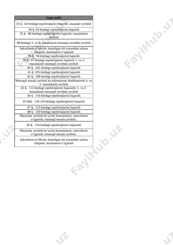 echish bo‘yicha formulalarni, simvollarni o‘rganish, mustaqil masala yechish. 20 7-laboratoriya mashg‘uloti: g‘o‘za, pomidor, nomoshomgulning chatishtirish natijasini gerbariy asosida o‘rganish jadvallarni to‘ldirish, bajarilgan ish yuzasidan xulosa chiqarib, mazmunini o‘rganish
