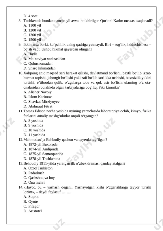 laboratoriya ochib, kimyo, fizika fanlarini amaliy mashg‘ulotlar orqali o‘rgangan? a. 8 yoshida b. 9 yoshida c. 10 yoshida d. 11 yoshida 12. mahmudxo’ja behbudiy qachon va qayerda tug’ilgan? a. 1872-yil buxoroda b. 1874-yil andijonda c. 1875-yil samarqandda d. 1878-yil toshkentda 13. behbudiy 1911-yilda yaratgan ilk o’zbek dramasi qanday atalgan? a. ozod turkiston b. padarkush c. qashshoq va boy d. ona mehri 14. «hayot, bu – yashash degani. yashayotgan kishi o‘zgarishlarga tayyor turishi lozim», – deydi faylasuf …….. a. suqrot b. gyote c. pifagor d. aristotel 15. nechanchi yilda o‘zbekiston respublikasi prezidenti tashabbusi bilan toshkent shahrida shayx muhammad sodiq muhammad yusuf nomidagi muhtasham majmua bunyod etildi? a. 2017-yil b. 2018-yil c. 2019-yil d. 2020-yil 16. 1892-yilda amerikalik kashfiyotchi jesse reno tomonidan yasalgan qurilmani aniqlang? a. lift b. eskalator c. raketa d. suv osti kemasi 17. ……… - bu hali noaniq narsani noan’anaviy, o‘ziga xos tarzda tasavvur qilishni anglatadi. a. kommunikativlik b. …