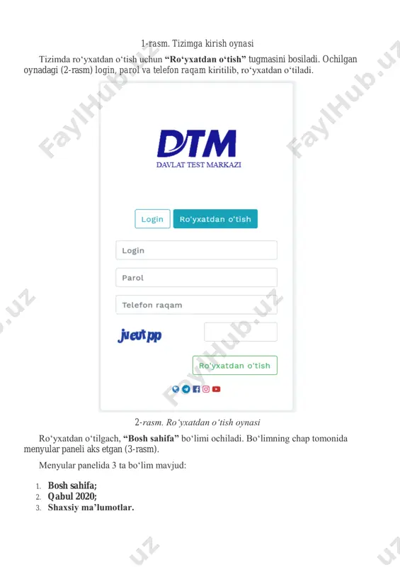 mkin (5-rasm). 5-rasm. “pasport” qismi “doimiy yashash manzili” qismi orqali foydalanivchining doimiy yashash manzili haqidagi ma’lumotlar kiritiladi. tahrirlash uchun tugmasi bosiladi va quyidagi oyna ochiladi (6-rasm): 6-rasm. “doimiy yashash manzilini tahrirlash” oynasi “tugatgan ta’lim muassasasi” qismi orqali foydalanivchining o‘rta ma’lumot olgan ta’lim muassasasi haqidagi ma’lumotlarni ifodalaydi. tahrirlash uchun tugmasi bosiladi va quyidagi oyna ochiladi: 7-rasm. “tugatgan ta’lim muassasasi” oynasi “qabul 2020” bo‘limiga kirish uchun foydalanuvchi shaxsiy ma’lumotlarni to‘ldirgan bo‘lishi lozim. agar foydalanuvchi shaxsiy ma’lumotlarni to‘ldirmagan bo‘lsa, quyidagi ogohlantish oynasi chiqadi (8-rasm). 8-rasm. ogohlantirish oynasi agar oldin ro‘yxatdan o‘tilmagan bo‘lsa, oynada quyidagi ma’lumotlar chiqadi (9- rasm). 9-rasm. “qabul 2020” oynasi ta’lim yo‘nalishlari. ta’lim yo‘nalishlari bir talim shakli va bir ta’lim tili doirasida 3 tagacha tanlanishi mumkin. dastur o‘zi bu narsani tekshirib chiqaradi. agar u tanlagan ta’lim yo‘nalishida chet tili mavjud bo‘lsa, chet tili ham tanlanadi. abituriyent qaysi otm ga ro‘yxatdan o‘tishidan qat’i nazar, o‘zi xohlagan hududda tashkil etiladigan test sinovlarida ishtirok …