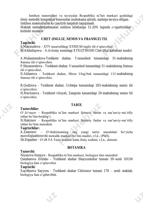 vi-sinf umumiy o‘rta ta’lim maktablarining 6-sinflari uchun ingliz tilidan bosqichli imtihoni og‘zaki nutq ko‘nikmasini aniqlash yuzasidan o‘tkaziladi. bosqichli imtihonini o‘tkazishdan maqsad o‘quvchilarning chet til ta’limi bo‘yicha olgan kompetensiyaviy elementlarini aniqlashdan iborat. bosqichli imtihonini o‘tkazish o‘quv dasturlari asosida bir bosqichda amalga oshiriladi. unda og‘zaki topshiriq 40 ta biletdan iborat bo‘lib, har bir biletda ikkitadan topshiriq beriladi. o‘quvchi olgan bilet bo‘yicha tayyorgarlik ko‘rishi uchun 20 minut vaqt beriladi. chet tillari chuqurlashtirib o‘qitiladigan sinflar va maktablar uchun maktab metodbirlashmasi qaroriga asosan qo‘shimcha 1 ta topshiriq beriladi va tayyorgarlik ko‘rishi uchun qo‘shimcha 10 minut vaqt beriladi. o‘quvchi mavzu yuzasidan o‘z fikrini ingliz tilida erkin bayon etishi kerak. o‘quvchi tomonidan bildirilgan fikrlar grammatik va fonetik jihatdan to‘g‘ri bayon etilishi, nutqining ravonligi, mavzudan chetlashmaganligi va bildirilgan fikrlarning mantiqan bir-biri bilan bog‘liqligi hisobga olinadi. fikrlar bayon etilayotganda, so‘z birikmalarining noto‘g‘ri ifodalanishi, grammatik va fonetik qoidalarga rioya qilmaslik hollari bir gapning o‘zida ikki va undan ortiq kuzatilsa, o‘sha …