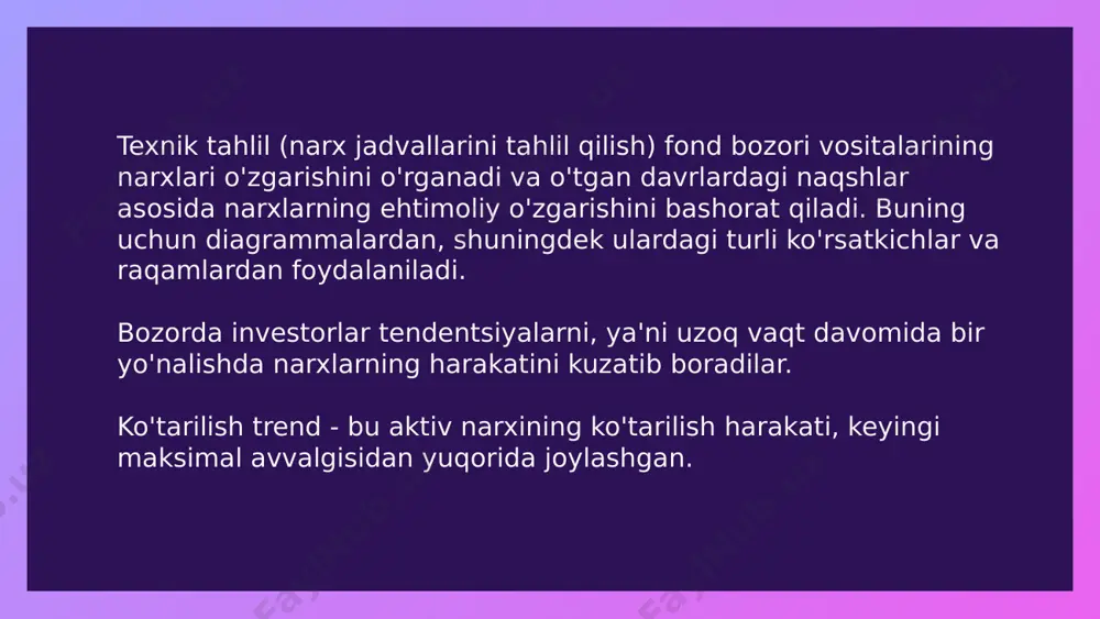 h1) va kunlik (d1) taymfreymlaridan foydalanadilar. uzoq muddatli strategiyaga ega bo'lgan investorlar uchun an'anaviy ravishda eng katta taymfreymlar qo'llaniladi: bir kundan (d1) bir necha oygacha (mn). qo'llab-quvvatlash va qarshilik chiziqlari qo'llab-quvvatlash - oldingi pasayishlardan bir chiziq qarshilik - oldingi cho'qqilar darajasidan chiziq ko'zgu darajasi - bu qo'llab-quvvatlash va qarshilik vazifasini bajaradigan daraja. darajalar asosiy omillar u yoki bu narxni boshlang'ich nuqta sifatida ajratib ko'rsatishga imkon bermaydigan holatlarda qo'llanma bo'lib xizmat qiladi. tebranishlar ichida hozirda "juda past" va xaridlar uchun jozibador bo'lgan yoki "juda yuqori" bo'lgan narxlarni ta'kidlash kerak bo'lganda va ularga erishilganda sotish haqida o'ylash yaxshiroqdir. ya'ni, darajalar mavjud, chunki bozor ishtirokchilari savdo qarorlarini qabul qilishda ular tomonidan boshqariladi. ko'rsatkichlar bo'yicha darajalarni aniqlash klassik usullardan tashqari, texnik tahlil ko'rsatkichlari qo'llab-quvvatlash va qarshilikni aniqlash uchun ishlatilishi mumkin. ushbu maqsadlar uchun turli xil o'zgarishlardagi harakatlanuvchi o'rtacha ko'rsatkichlar, bollinger bantlari yoki konvertlar kabi kanal ko'rsatkichlari, fibonachchi darajalari va boshqa vositalardan foydalanish mumkin. qo’shaloq …