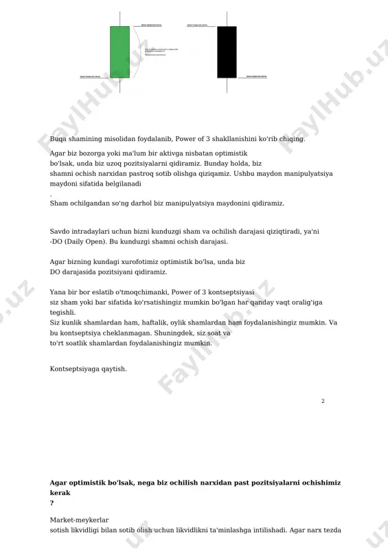 o'ladi . tarqatish tsikli. yirik muassasalar ochilish narxi ostida to'plangan uzoq pozitsiyalarini taqsimlaydigan narx oralig'i. oddiy qilib aytganda: uzoq yopish pozitsiyalar. 4 misollar. xauusd juftligida oddiy misolni ko'rib chiqing. aktivga nisbatan xurofot buqadir. quyidagi grafikda kunlik vaqt oralig'i ko'rsatiladi. narx likvidlikni minimal darajadan olib tashladi va oldingi kunlik shamni yutib yubordi. bizning keyingi maqsadimiz-yuqori likvidlik. yuqorida biz nisbatan teng balandliklarni ko'ramiz, bu bizning uzoq pozitsiyalarimizdagi maqsadimiz bo'ladi. biz bir kunlik xurofotga qaror qildik - optimistik. endi bizning vazifamiz shamni ochish darajasida uzoq pozitsiyani topishdir . xauusd. kunduzgi vaqt oralig'i. 5 ayni paytda-nima quyidagi grafikni ko'rib chiqing va kunduzgi shamga asoslangan 3-quvvat qanday paydo bo'lishining mantig'ini tushunishga harakat qiling. xauusd. 4 soat vaqt oralig'i. quyida potentsial pozitsiyaning skrinshoti ilova qilingan. xauusd. 15m vaqt oralig'i. 6 xauusd. 15m vaqt oralig'i. power of 3. kirish mezonlari: kunduzgi shamni ochish ostida yig'ish kundalik shamni manipulyatsiya qilish (pastki sham tayoqchasini shakllantirish) orderblock m15 likvidlik reydi …