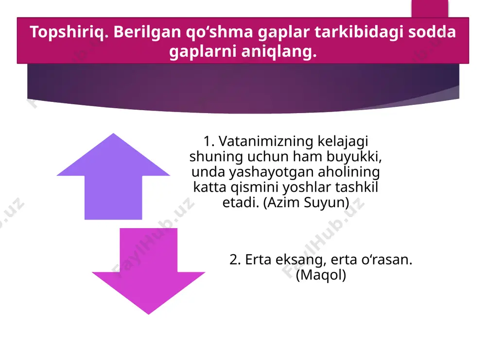 lik maqtovga loyiqdir. 3. kimning yuragida yaxshilik bo‘lsa, u doimo boshqalarga yaxshilikni ravo ko‘radi. 4. hamisha to‘g‘rilar yonida bo‘linglar, chunki ular hech qachon sizni noto‘g‘ri yo‘lga boshlamaydi. 5. til tinch bo‘lsa, bosh salomat bo‘ladi. («otalar so‘zi») 87-mashq. quyidagi qo‘shma gap qolipida to‘rtta gap tuzing. qo‘shma gap turini ayting. savol va topshiriqlar savollar 1. ergashgan qo‘shma gaplar necha qismdan tashkil topadi? 2. qanday gapga bosh gap deyiladi? 3. qanday gapga ergash gap deyiladi? 4. ergashgan qo‘shma gap qismlari bilan so‘z birikmasi qismlari o‘rtasidagi o‘xshashlik haqida so‘zlang. 88-mashq. uyga vazifa maqollarning tushirib qoldirilgan qismini tiklang va qo‘shma gapni izohlang, bog‘lovchi vositalarini tushuntiring. e’tiboringiz uchun rahmat! foydalanilgan adabiyot: mahmudov nizomiddin mamadaliyevich, sobirov abdulhay shukurovich, nurmonov abdulhamid. ona tili. umumiy o‘rta ta’lim maktablarining 9-sinfi uchun darslik. toshkent. mchj “tasvir”, 2019 ushbu taqdimot slaydi mahsulotidir. diqqat! ushbu mahsulotni tijoriy maqsadda ko‘paytirish javobgarlikka sabab bo‘ladi! image3.jpeg image4.png image20.png image21.jpg image14.png image9.png image10.png image5.jpeg