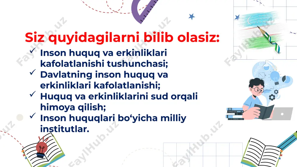 va yolg‘iz keksalar, nogironligi bo‘lgan shaxslar hamda aholining ijtimoiy jihatdan ehtiyojmand boshqa toifalarining huquqlari davlat himoyasidadir. davlat aholining ijtimoiy jihatdan ehtiyojmand toifalarining turmush sifatini oshirishga, jamiyat va davlat hayotida to‘laqonli ishtirok etishi uchun ularga shart-sharoitlar yaratishga hamda ularning asosiy hayotiy ehtiyojlarini mustaqil ravishda taʻminlash imkoniyatlarini kengaytirishga qaratilgan choralarni ko‘radi. 11 davlat xotin-qizlar va erkaklarga jamiyat hamda davlat ishlarini boshqarishda, shuningdek jamiyat va davlat hayotining boshqa sohalarida teng huquq va imkoniyatlarni taʻminlaydi. har bir shaxs o‘z huquq va erkinliklarini sud orqali himoya qilish huquqiga ega. har kimga o‘z huquq va erkinliklarini sud orqali himoya qilish huquqi kafolatlanadi. o‘zbekiston respublikasi konstitusiyasining 55-moddasi sudga ariza berish sudda ishlar yozma shaklda, shu jumladan pochta orqali yoki elektron hujjat tarzida ariza berish yo‘li bilan qo‘zg‘atiladi (fpk 188-moddasi). sudga murojaat shakllari da’vo arizasi ariza nikohdan ajratish; aliment undirish; ish haqi undirish va h.q. buyruq tartibida ish yuritish; alohida tartibda ish yuritish: farzandlikka olish, bedarak yo‘qolgan deb …