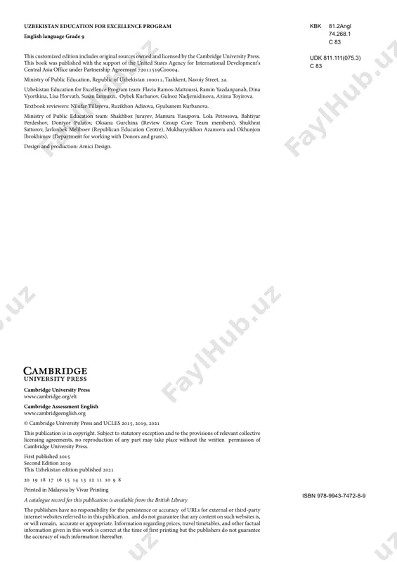 r perdeshov, doniyor pulatov, oksana gurchina (review group core team members), shukhrat sattorov, javlonbek meliboev (republican education centre), mukhayyokhon azamova and okhunjon ibrokhimov (department for working with donors and grants). design and production: amici design. kbk 81.2angl 74.268.1 c 83 udk 811.111(075.3) c 83 isbn 978-9943-7472-8-9 student’s book joanna kosta melanie williams grade 9 letter from the ministry of public education aziz o‘quvchi, siz qo‘lingizda ushlab turgan ushbu darslik o‘zbekiston respublikasi xalq ta’limi vazirligi va aqsh xalqaro taraqqiyot agentligining o‘zbekiston barkamollik uchun ta’lim dasturi hamkorligining natijasidir. bu kitob sizga yetib kelguniga qadar tahrir va moslashtirish kabi bir nechta bosqichlardan o‘tdi. umid qilamizki, ushbu darslik yordamida ingliz tilini o‘rganish kelajakda maqsadlaringizga erishishga xizmat qiladi. maroqli ta’lim oling! o‘zbekiston respublikasi xalq ta’limi vazirligi www.uzedu.uz dear student, the book that you are holding in your hands is a result of collaboration between the ministry of public education of the republic of uzbekistan and …