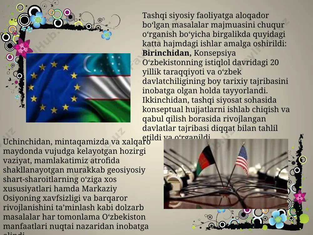 timizda ijtimoiy yo‘naltirilgan bozor iqtisodiyotiga hamda fuqarolik jamiyatiga asoslangan ochiq demokratik davlat qurish vazifalarini amalga oshirishni davom ettirish uchun imkon qadar qulay tashqi sharoitlarni yaratish talablariga javob beradi. to‘rtinchidan, tashqi siyosiy va iqtisodiy faoliyatni tartibga soluvchi mamlakatimiz qonunlari va boshqa huquqiy hujjatlar, davlatimiz tomonidan qabul qilingan xalqaro shartnomalar mukammal ravishda inventarizatsiya qilindi. o‘zbekiston respublikasining tashqi siyosiy faoliyati konsepsiyasi – davlatimiz tashqi siyosatining fundamental prinsiplari va strategik ustuvor yo‘nalishlarini, xalqaro maydondagi maqsad va vazifalarini, o‘rta va uzoq istiqbolda o‘zbekiston milliy manfaatlarini ilgari surish mexanizmlarini belgilab beradigan qarashlarning yaxlit tizimi. dunyoda to‘xtovsiz davom etayotgan “geosiyosiy o‘yinlar”, tobora jadal tus olib borayotgan “geosiyosiy raqobat” jahondagi keskinlik va strategik mavhumlikni kuchaytirayotganligiga e’tibor qaratilgan. ayrim xalqaro subyektlarning qisqa muddatli va tor doiradagi manfaatlarni ko‘zlovchi shoshma-shosharlik bilan amalga oshirilayotgan tartibsiz harakatlari xalqaro huquqning fundamental prinsiplari buzilishiga olib kelayotgani ta’kidlab o‘tilgan. – o‘zbekiston respublikasi davlatning, xalqning oliy manfaatlari, uning farovonligi va xavfsizligini ta’minlash maqsadidan kelib chiqib, mamlakatni …