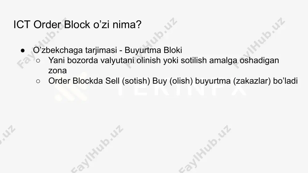 (body) ning order block candle tanasining 50% pastida yopilsagina ma’lum bo’ladi ict order blockning 50% nuqtasi - 1 misol o’suvchi (bullish) ict order block: order blockga kelgan candle (svicha) ning badani order block 50% yuqorisida yopilgan, bu order block narxni ushlaydi va yuqoriga yuboradi degani order blockning tanasining 50% ict order blockning 50% nuqtasi - 2 misol tushuvchi (bearish) ict order block: order blockga kelgan bir nechta candle (svicha) larning badani (body) lari hammasi order block tanasining 50% dan pastda yopilgan, bu order block narxni ushlab pastga yuboradi degani order blockning tanasining 50% ict order block qaysi taymfreymda ishlaydi ● hamma taymfreymda bir xil ishlaydi tekinfx - @jvsvrfx