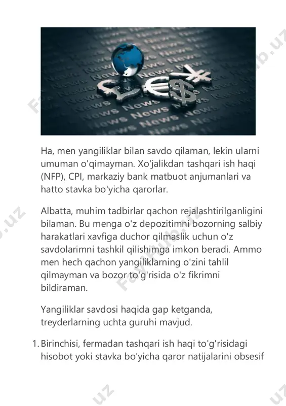 to'g'risida o'z fikrimni bildiraman. yangiliklar savdosi haqida gap ketganda, treyderlarning uchta guruhi mavjud. 1. birinchisi, fermadan tashqari ish haqi to'g'risidagi hisobot yoki stavka bo'yicha qaror natijalarini obsesif ravishda kuzatadiganlardir. ushbu ma'lumot bilan ular darhol bozorga kirishadi. 2. ikkinchi guruhga katta voqea oldidan sotib olish yoki sotish orqali bozorni aldashga urinadigan savdogarlar kiradi. 3. men ishtirok etadigan uchinchi guruh faqat o'zlarining fikrlarini shakllantirish uchun narxlar va jadvallar tahlilidan foydalanadilar. narxlar savdogarlari chetda turishadi va changning cho'kishini kutishadi. keyin, barcha changlar yo'q bo'lib ketgach, biz yuqori muddatlarga o'tamiz va qaror qabul qilamiz. va sotib olish yoki sotish shart emas. bir marta chang bosgandan so'ng, biz ko'pincha hech narsa qilmaymiz. kutilmagan stavka ko'tarilishi tufayli qo'llab- quvvatlash darajasida paydo bo'ladigan 200 pip pinli chiziq - bu voqeaning o'zi. shunday qilib, biz ushbu pin barni sotib olsak, biz ushbu kutilmagan stavka o'sishining natijasini sotib olamiz. nima demoqchi ekanimni tushunyapsizmi? yangiliklarni emas, jadvalni o'qing bilasizmi, nima …