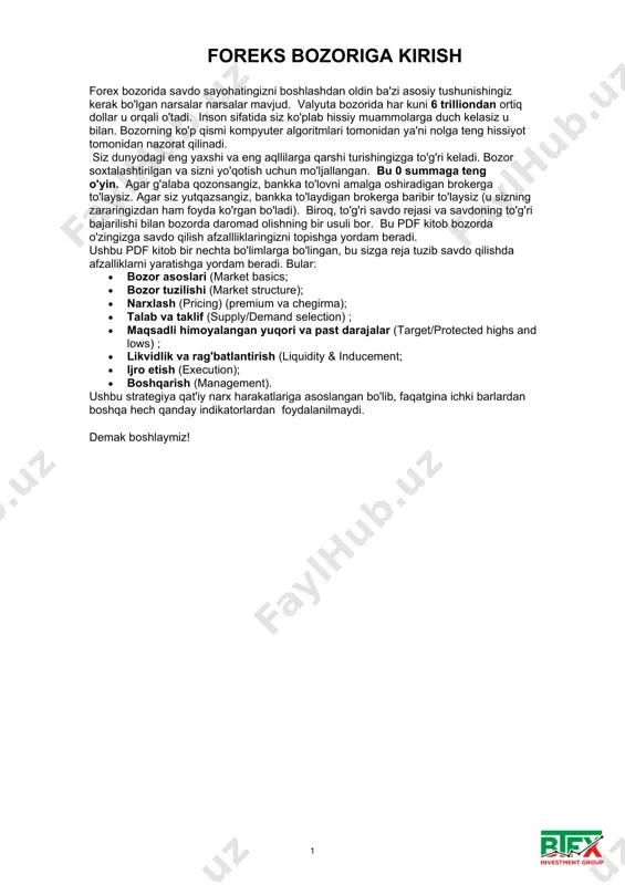 a kapitali bizningdir birinchi raqamli maqsadimizdir. agar siz pozitsiyaga ertaroq kirgan bo'lsangiz, siz xavf-xatarda bo'lishingiz kerak (qisman olingan yoki zararsiz sl). buni qanday qilib to'g'ri bajarish kerakligini management bo'limidagi maqolada ko'rib chiqamiz. broker tanlash smart money concepts strategiyasi bilan biz qisqa stop losslardan foydalanamiz, shuning uchun broker tanlashda eng kichik spredli broker tavsiya etiladi. men bir oz tadqiqot va izlanishlarimdan keyin sizning mamlakatingiz uchun eng yaxshi brokerni tavsiya qilaman. men fusion markets'dan foydalanaman. past spredli (0.02 €) va arzon komissiyalar ($ 2,25/lot uchun). link: https://fusionmarkets.com/en? cxd=41974_1632440&cxdhub=fusion_markets_x 2 bozor asoslari men tradingview-ning pullik versiyasini olishni tavsiya qilaman, uning bir qancha hususiyatlari mavjud. men premium versiyadan foydalanaman, shunda men taymfreymda hattoki soniyalar vaqtini ishlatish imkoniyatiga ega bo'laman. lekin hatto eng kam oylik to'lovli tarifi ham start olib boshlashimiz uchun yetarli bo'ladi. biz faqat forex.com grafiklaridan foydalanamiz. men boshlash uchun faqat bitta juftlik savdosini tavsiya qilaman. bfi (bank moliyaviy institutlari) sifatida savdogarlar biz …