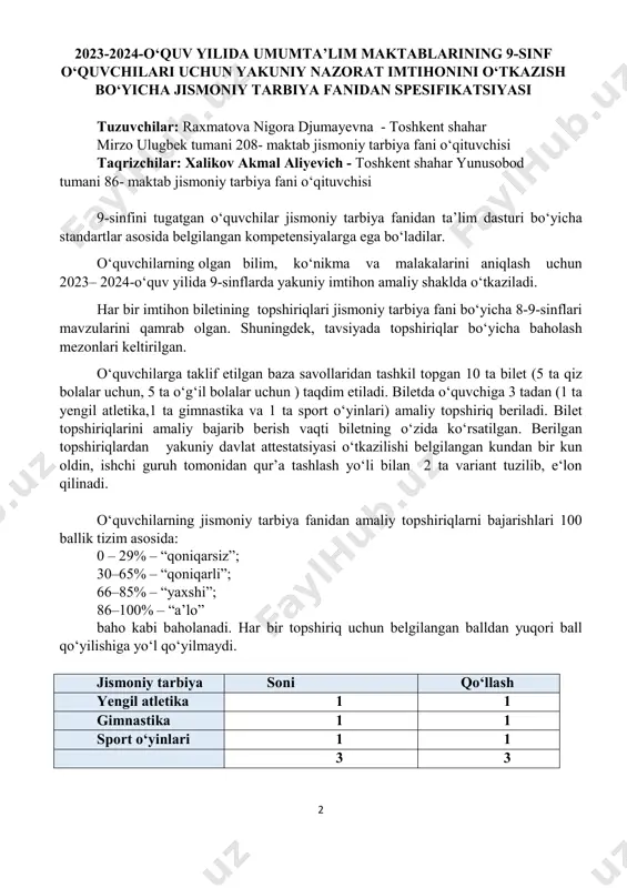 : topshiriqni belgilangan meʼyorlar asosida bajarishda mos ravishda 8 ball, 15 ball, 23 ball, 30 ball ajratiladi. gimnastika amaliy toʻliq, toʻgʻri va meʼyoriy talab asosida bajarilgan topshiriqqa 30 ball qoʻyiladi. izoh: topshiriqni belgilangan meʼyorlar asosida bajarishda mos ravishda 8 ball, 15 ball, 23 ball, 30 ball ajratiladi. sport oʻyinlari amaliy toʻliq, toʻgʻri va meʼyoriy talab asosida bajarilgan topshiriqqa 40 ball qoʻyiladi. izoh: topshiriqni belgilangan meʼyorlar asosida bajarishda mos ravishda 10 ball, 20 ball, 30 ball, 40 ball ajratiladi. 4 gimnastika tayanib sakrash. gimnastik “kozyol”dan koʻprikchani uzoqlashtirish va yaqinlashtirish bilan depsinib sakrashlar; uzunasiga oʻrnatilgan gimnastik “kozyol” ustidan tayanib sakrash (oʻgʻil bolalar 120 cm balandlikdagi gimnastika koʻprigi oraligʻi 1 m oraliqda) oyoqlarni kerib sakrash. qiz bolalar 110 cm balandlikdagi uzunasiga oʻrnatilgan gimnastik “kozyol” ustidan oyoqlarni kerib, sakrab oʻtish; yonlama qoʻyilgan gimnastik “kozyol” ustidan oyoqlarni bukib sakrab oʻtishlar. tirmashib chiqish. 5 m li arqonga, qoʻllar yordamida (vaqt hisobiga) tirmashib chiqish; toʻxtab-toʻxtab tirmashib chiqish …