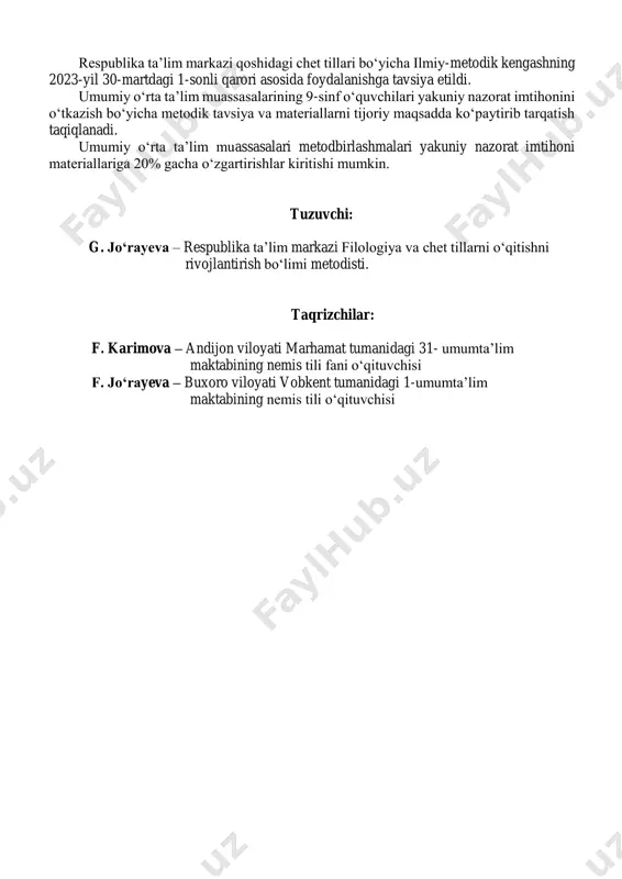 uvchi tomonidan bildirilgan fikrlar grammatik va fonetik jihatdan to‘g‘ri bayon etilishi, nutqining ravonligi, mavzudan chetlashmaganligi va bildirilgan fikrlarning mantiqan bir-biri bilan bog‘liqligi hisobga olinadi. fikrlar bayon etilayotganda, so‘z birikmalarining noto‘g‘ri ifodalanishi, grammatik va fonetik qoidalarga rioya qilmaslik hollari bir gapning o‘zida ikki va undan ortiq marta kuzatilsa, o‘sha gap hisobga olinmaydi. o‘quvchi bilet savollariga to‘liq javob bera olmasa, o‘qituvchi o‘quvchiga mavzu yuzasidan qo‘shimcha savol berishi mumkin. bilet asosida va qo‘shimcha tarzda berilgan har bir savolga javob 5 ballik tizim asosida baholanadi. masalan: 1-savolga 3 ball, 2-savolga 5 ball, uchinchi savolga 4 ball qo‘yilsa, baholar umumlashtirilib, o‘rtacha ball chiqariladi. 3+5+4=12 va 12:3=4 ball. og‘zaki topshiriq bo‘yicha baholash mezoni og‘zaki topshiriq quyidagi baholash mezonlari bo‘yicha baholanadi: baholash mezoni ball − berilgan mavzuni to‘liq og‘zaki bayon qila olsa; − mavzu yuzasidan fikrini to‘liq ifodalay olsa; − to‘g‘ri talaffuz va intonatsiya bilan gapirsa; − berilgan mavzuga doir savollarga to‘liq javob bera olsa; 5 − …