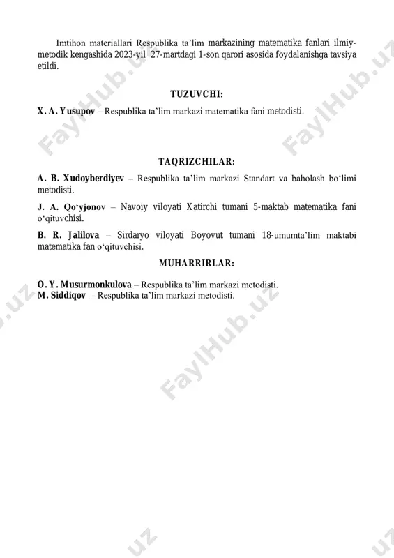 variant barcha oʻquvchilar uchun tegishli hisoblanadi. oʻquvchilar partada 2 nafardan oʻtirishiga yoʻl qoʻyilmaydi. oʻqituvchi doskaga topshiriqlarni yozadi. soʻng oʻqituvchi har bir variant topshiriqlarini tushuntirib, yozma ishni yozishga qoʻyilgan talablarni aytib oʻtadi. oʻquvchilarning yozma ishlari 50 ballik tizim asosida 0–55% – “2”; 56–70% – “3”; 71–85% – “4”; 86–100% – “5” baho kabi baholanadi. har bir topshiriq uchun belgilangan balldan kam yoki yuqori ball qoʻyilishiga yoʻl qoʻyilmaydi. yakuniy davlat attestatsiyasi vaqtida oʻquvchilar “foydalanish mumkin boʻlgan formulalar” dan foydalanishlari mumkin. yakuniy attestatsiyaga 180 daqiqa ajratiladi. yozma ishga ajratilgan vaqt eʼlon qilinib, doskaga imtihonni boshlanish va tugash vaqti yozib qoʻyiladi. 1-variant 1. ifodaning qiymatini toping: 2023 2023 505 2024 : 3 17 119 506 2023 −  3 ball 2. ifodani soddalashtiring: 2 2 2 a ab a b + − 3 ball 3. poyezd jadval boʻyicha belgilangan manzilga yetib olishi uchun oʻrtacha 60 km/h tezlik bilan harakat qilishi kerak edi. lekin u …