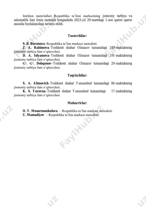 yiladi. imtihon belgilangan kunda oʻtkazilishi, konvertlari imtihon kuni ochilishi hamda dalolatnoma, bayonnomalar imtihon jarayonida toʻldirib borilishi lozim. yakuniy imtihon materiallaridan nazariy savollarni chiqarilganligi sababli amaliy sinov mashqlari bittaga koʻpaytirildi. yakuniy imtihonning amaliy qismini topshirish uchun sinf ikki guruhga (oʻgʻil va qiz bolalarga) boʻlinadi. har bir guruhdan bittadan oʻquvchi konvertlardan birini tortadi. shu tortilgan konvertdagi biletda berilgan 5 ta sinov mashqlari boʻyicha oʻz guruh aʼzolari bilan koʻrsatilgan tartibda birin-ketin topshiradi. qolgan konvertlar ochilmaydi. oʻquvchining har bir bajargan amaliy mashgʻulotidan “5” ballik tizim asosida baholanadi. oʻquvchilarning olgan ballari umumlashtirilib oʻrtacha baho chiqariladi. masalan: 5+4+4+3+5=21:5=4,2 yaxlitlangan holda 4 baho qoʻyiladi. yakuniy imtihonning amaliy qismida tibbiy xodim boʻlishi shart. amaliy imtihon sinovlarni qabul qilish metodikasi: 60 metrga yugurish. 60 metr masofaga yugurish yoʻlakchasi tekkis va qoplamali boʻlishi kerak. start, marra va yoʻlakcha chiziqlari aniq chizilgan hamda masofa toʻgʻri oʻlchangan boʻlishi lozim. yugurish past startdan amalga oshiriladi. natija 0,1 soniyagacha aniqlanadi. 4x10 m mokisimon yugurish. …