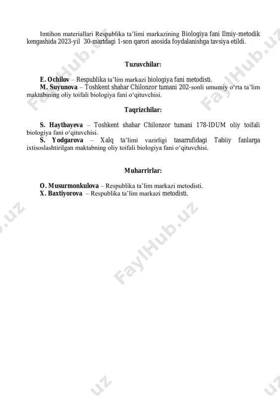 gash qarorlari bilan qoʻshimcha savollar va masalalar kiritishi zarur. har bir berilgan savolga javob 5 ballik tizim asosida baholanadi. baholar umumlashtirilib oʻrtacha baho chiqariladi. masalan: 5+4+3=12:3=4 nazariy savollarga berilgan javoblarni baholash mezoni № baholash mezoni ball 1 savollarga taalluqli bilim, koʻnikma va malakalar mazmunan toʻliq ochib berilsa, tushunchalar toʻliq va aniq yoritilsa hamda toʻgʻri xulosalansa; 5 2 berilgan savollarga taalluqli bilim, koʻnikma va malakalarga taʼrif berishda asosan toʻgʻri yondashilgan, lekin izchillik buzilgan, qonuniyatlar va nazariyalar tavsifida 1–2 ta xato boʻlsa; 4 3 savollarga taalluqli bilim, koʻnikma va malakalarga qisman toʻgʻri taʼrif berilgan, tushunchalarni izohlashda 3–4 ta xatoga yoʻl qoʻyilgan boʻlib, taʼriflarni xulosalashda 3–4 ta xato boʻlsa; 3 4 savollarga taalluqli bilim, koʻnikma va malakalarga qisman taʼrif berilib, toʻliq xulosalanmagan, fikrlar chalkash, tushunchalarda xatolar koʻp boʻlsa; 2 5 bilim, koʻnikma va malakalar notoʻgʻri talqin etilgan, javoblar xato boʻlsa; 1 amaliy ish va laboratoriya mashgʻulotlarini baholash mezoni № baholash mezoni ball 1 …