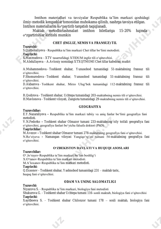metodisti. m.a’loxanov-respublika ta’lim markazi metodisti. taqrizchi: q.exsonov - toshkent shahar, yashnobod tumanidagi 231 – maktab tarix, huquq fani o‘qituvchisi. odam va uning salomatligi tuzuvchi: niyazova s. - respublika ta’lim markazi, biologiya fani metodisti shukurova g. - toshkent shahar uchtepa tumani 116–sonli maktab, biologiya fani o‘qituvchisi taqrizchi: xayitboeva s. - toshkent shahar chilonzor tumani 178 – sonli maktab, biologiya fani o‘qituvchisi. ingliz tili 8-sinf umumiy o‘rta ta’lim maktablarining 8-sinflari uchun ingliz tilidan bosqichli imtihoni og‘zaki nutq ko‘nikmasini aniqlash yuzasidan o‘tkaziladi. bosqichli imtihonini o‘tkazishdan maqsad o‘quvchilarning chet til ta’limi bo‘yicha olgan bilim, ko‘nikma va malakalarini aniqlashdan iborat. bosqichli imtihonini o‘tkazish o‘quv dasturlari asosida bir bosqichda amalga oshiriladi. unda og‘zaki topshiriq 40 ta biletdan iborat bo‘lib, har bir biletda ikkitadan topshiriq beriladi. o‘quvchi olgan bilet bo‘yicha tayyorgarlik ko‘rishi uchun 20 minut vaqt beriladi. chet tillari chuqurlashtirib o‘qitiladigan sinflar va maktablar uchun maktab metodbirlashmasi qaroriga asosan qo‘shimcha 1 ta topshiriq beriladi va tayyorgarlik ko‘rishi …
